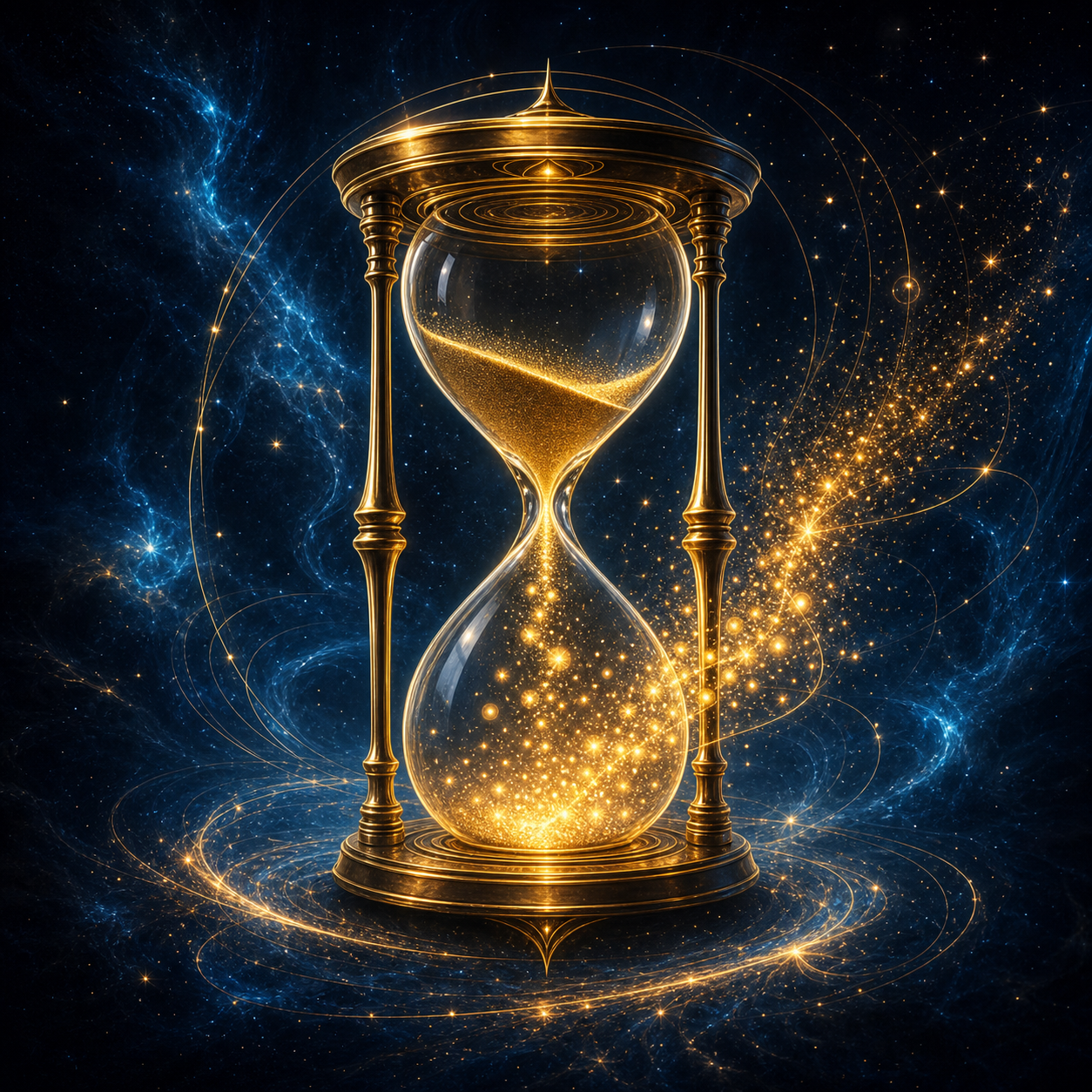 Ein filigranes, goldenes Sanduhr-Icon (#D4AF37), dessen Sand in schwebende, leuchtende Lichtpartikel übergeht. Hintergrund ist ein kosmischer Nebel in tiefem Nachtblau. Keine Bücher.