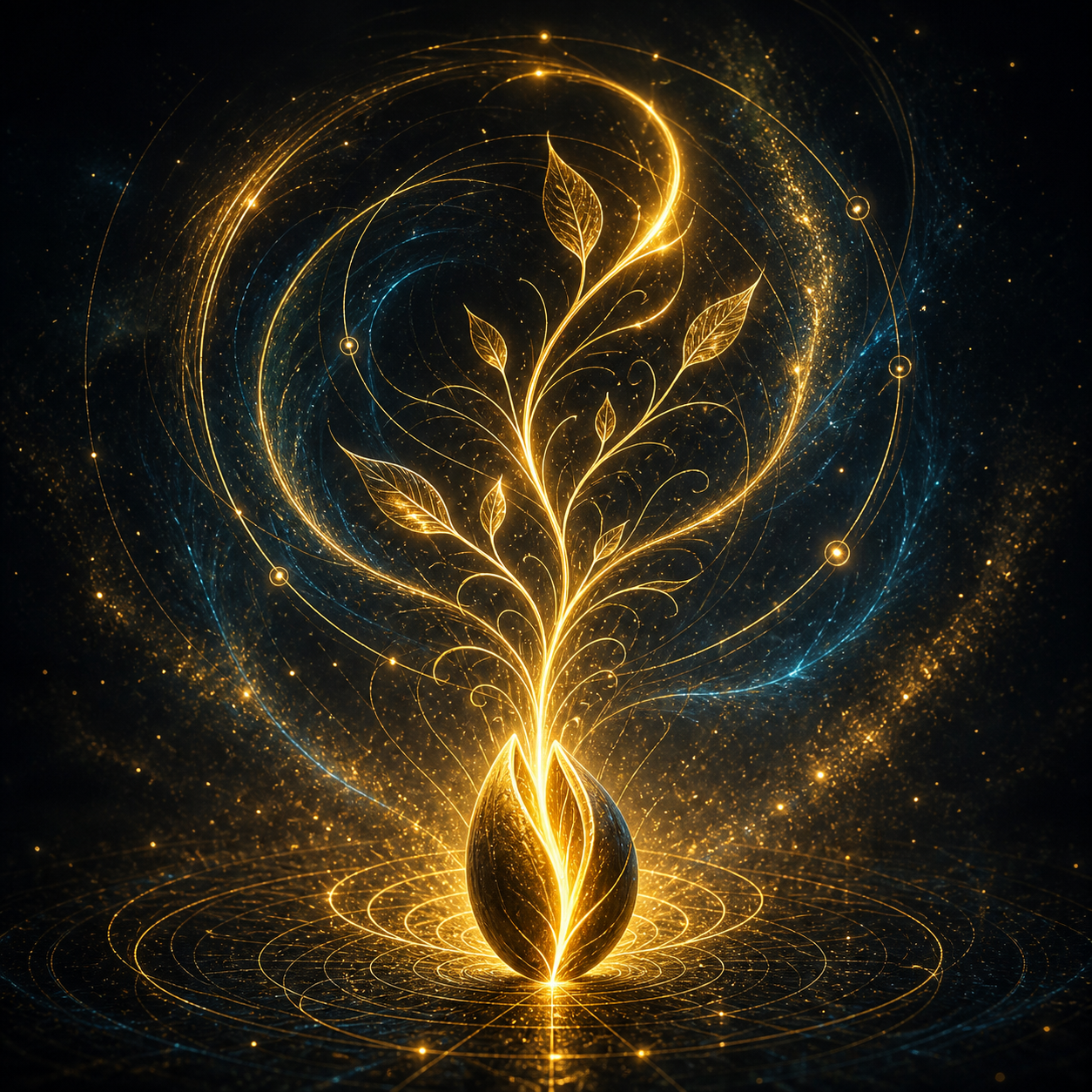 Ein abstraktes, leuchtendes Samenkorn, aus dem goldene Energielinien wie eine wachsende Pflanze emporsteigen. Mystische Atmosphäre, Antikgold auf schwarzem Grund mit subtilen Schattenkanten. Keine Bücher.