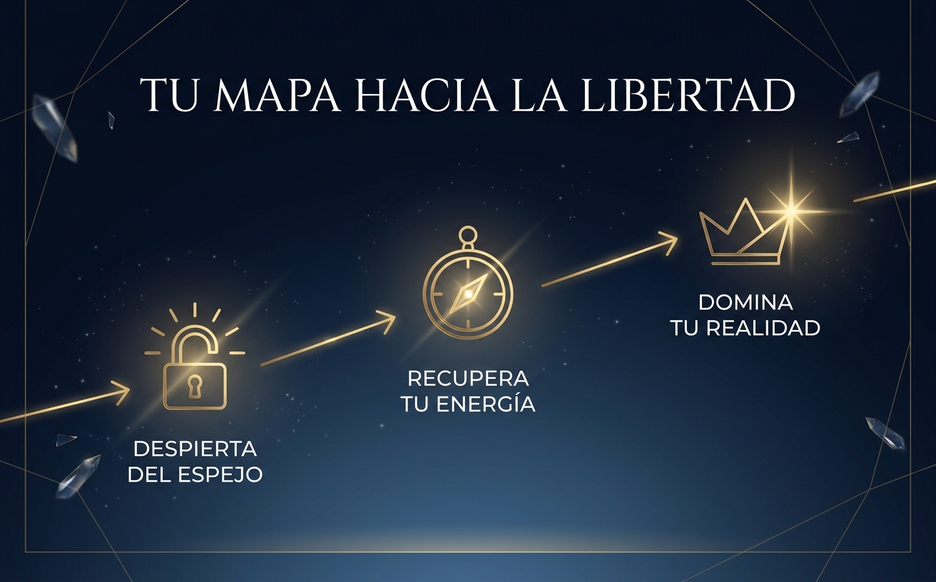 ESTILO VISUAL DE MARCA: "TRANSURFING Y PODER". Paleta: Azul Profundo (#050A18) de fondo, Dorado Metálico (#C5A059) para iconos y líneas. Infografía de marketing horizontal (970x600) que muestra un viaje de transformación. Un camino ascendente marcado por una línea dorada muy fina y elegante. Tres etapas con iconos geométricos monolineales dorados: 1. Un candado abriéndose (Etiqueta en español: "DESPIERTA DEL ESPEJO"), 2. Una brújula estilizada (Etiqueta en español: "RECUPERA TU ENERGÍA"), 3. Una corona minimalista o estrella de luz (Etiqueta en español: "DOMINA TU REALIDAD"). Texto principal en la parte superior en tipografía clásica: "TU MAPA HACIA LA LIBERTAD". Diseño limpio, espacio negativo, atmósfera de trascendencia.
