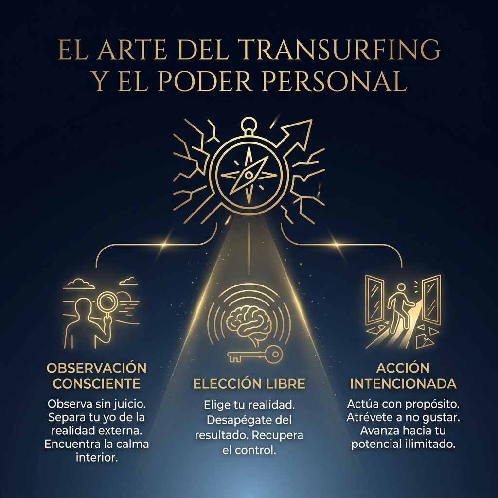 ESTILO VISUAL DE MARCA: "TRANSURFING Y PODER". Fondo Azul Profundo (#050A18). Icono dorado monolineal (#C5A059) de una flecha ascendente atravesando obstáculos invisibles. Estilo etéreo, grabado en luz, transmitiendo avance.