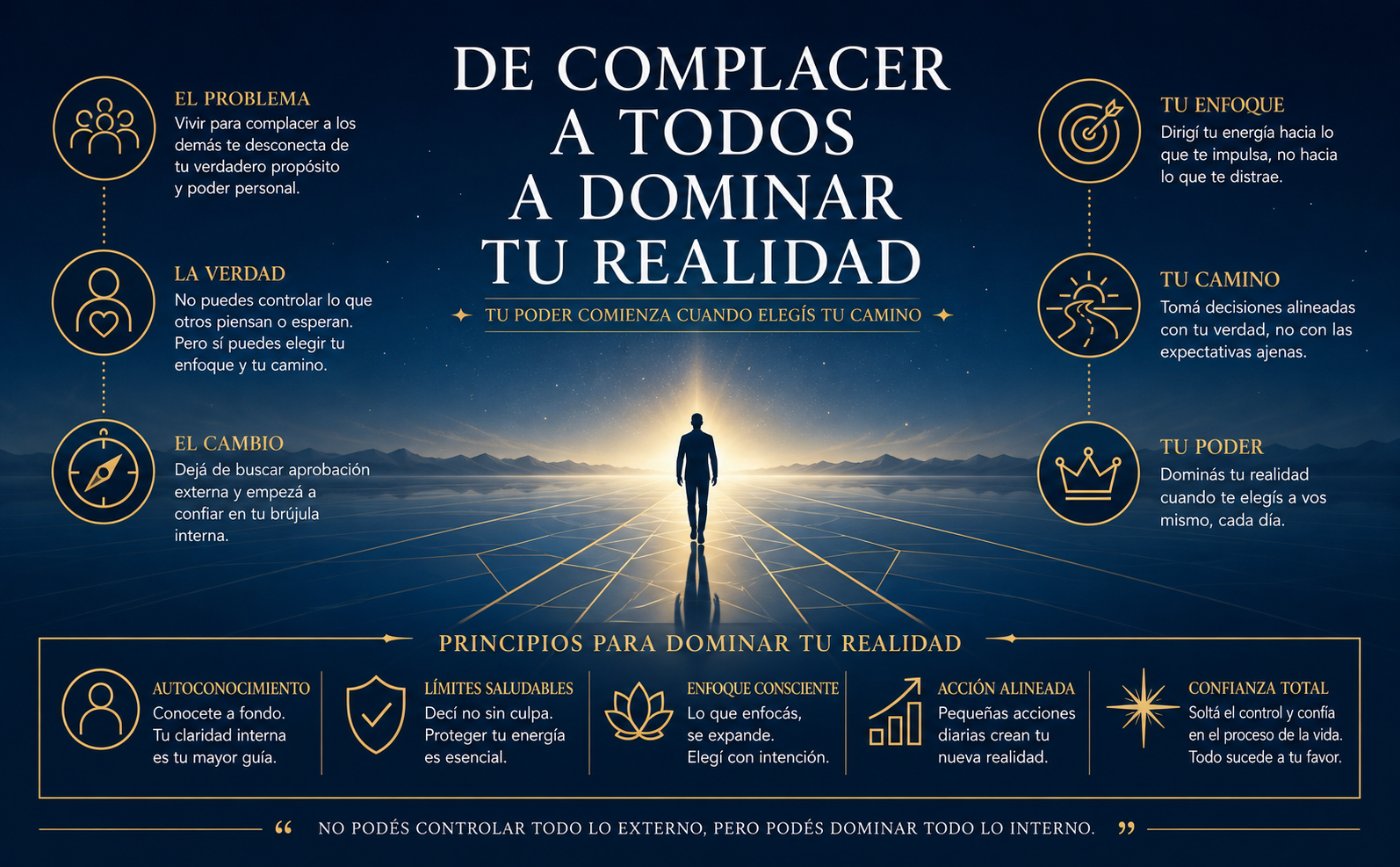 Paisaje etéreo de un horizonte vasto donde un cielo azul noche profundo (código 0A1931) se funde con un azul horizonte (4A6D8C). En el centro, una figura humana abstracta caminando sobre una superficie reflectante de cristal hacia una luz brillante, simbolizando liberación y poder. Elementos decorativos de líneas finas doradas (C5A059) guiando el camino. Texto principal centrado en tipografía Serif clásica blanca: 'DE COMPLACER A TODOS A DOMINAR TU REALIDAD'. Atmósfera trascendental, calma y claridad mental. Sin elementos recargados, diseño minimalista y empoderador.