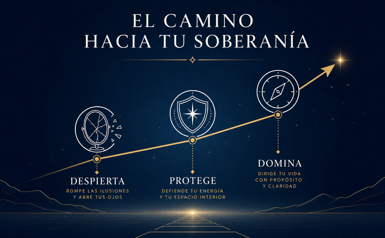 Infografía lineal y minimalista sobre un fondo azul noche (0A1931) con un degradado radial sutil. Una línea de tiempo dorada (C5A059) asciende diagonalmente atravesando tres iconos geométricos limpios en blanco puro: 1. Un espejo roto (simbolizando romper ilusiones). 2. Un escudo (protección de energía). 3. Una brújula simplificada (dirección propia). Textos breves en español junto a cada icono: 'Despierta', 'Protege', 'Domina'. Estilo elegante, sin sombras pesadas, transmitiendo ascenso y empoderamiento. Texto principal en la parte superior tipografía Serif: 'EL CAMINO HACIA TU SOBERANÍA'.