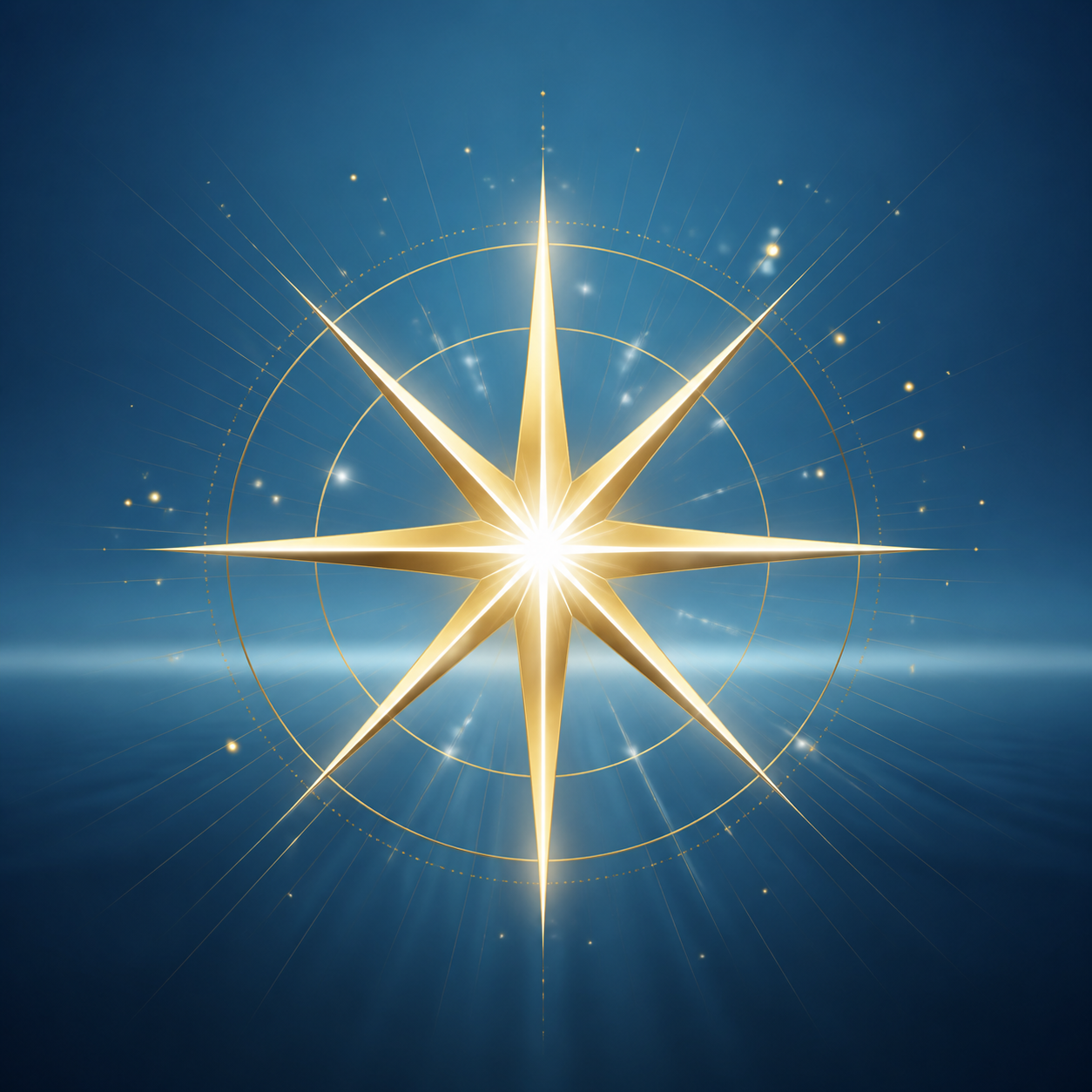 Icono minimalista de una chispa de luz radiante o estrella de múltiples puntas en blanco puro y oro metálico (C5A059), flotando sobre un fondo azul horizonte oscuro (4A6D8C). Diseño geométrico limpio que transmite vitalidad y recarga de energía.