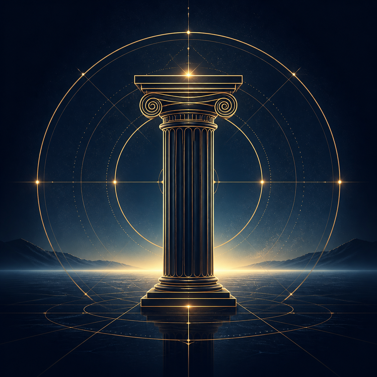 Ilustración abstracta de un pilar sólido o columna estilizada con líneas finas doradas sobre fondo azul noche (0A1931). Representa firmeza, estabilidad mental y fortaleza interior. Estilo elegante y trascendental.