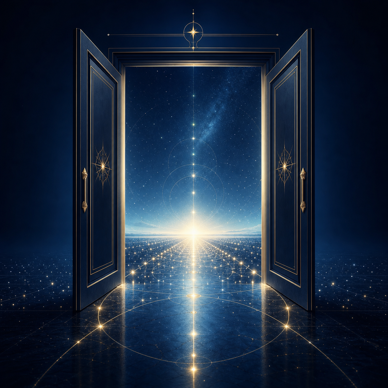 Diseño de una puerta abierta hacia un horizonte infinito lleno de partículas de luz, renderizado en tonos azul oscuro y blanco puro. Simboliza la apertura a nuevas realidades y la liberación total de límites.
