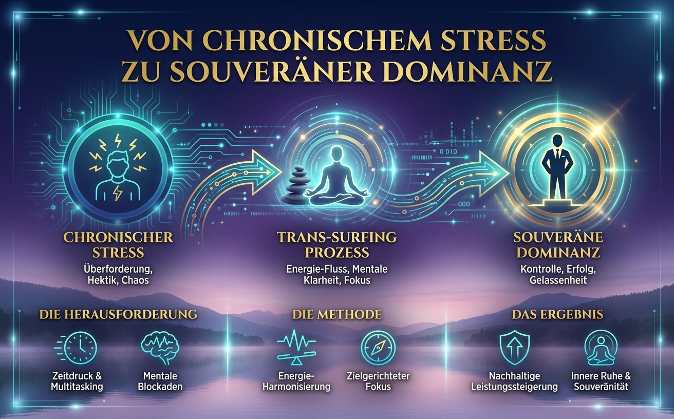 STYLE GUIDE: DIGITAL ZEN / TRANS-SURFING AESTHETIC 1. COLOR PALETTE: Primary (Deep Night Blue): #121639, Secondary (Royal Purple): #3D215B, Accent 1 (Luminous Teal/Cyan): #00D2D3, Accent 2 (Metallic Gold): #C5A02E, Background (Soft Dusk Pink/Lavender): #D1C4E9, Text (Pure White / Gold): #FFFFFF. 2. ICON STYLE: Minimalistische "Glow-Line-Art". Schlanke Linien, die wie leuchtende Schaltkreise wirken. 3. BACKGROUND STYLE: Zweigeteilt. Kombination aus unscharfen Naturlandschaften (Dämmerung am See) und geometrischen, digitalen Overlays. 4. MOOD/ATMOSPHERE: "Souveräne Ruhe im Sturm". Professionell, technologisch fortschrittlich. 5. TYPOGRAPHY STYLE: Elegante, Serif-Schrift in Gold-Optik. 6. DECORATIVE ELEMENTS: Zen-Steinstapel, kreisförmige Licht-Auren. 7. DO NOT: Keine grellen Neonfarben, keine unruhigen Bilder.

PROMPT: A cinematic, high-end landscape image (970x600). A silhouette of a professional in a sharp business suit standing calmly with perfect posture. The environment around them is a fast-paced, blurred futuristic corporate boardroom that seamlessly morphs into a perfectly still, misty lake at twilight. Glowing teal circuit lines weave through the air, symbolizing hidden energy streams. Bold, elegant Gold typography in the center reads: "VON CHRONISCHEM STRESS ZU SOUVERÄNER DOMINANZ". No book objects.