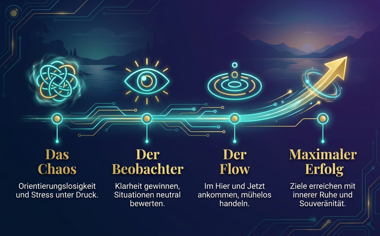 STYLE GUIDE: DIGITAL ZEN / TRANS-SURFING AESTHETIC 1. COLOR PALETTE: Primary (Deep Night Blue): #121639, Secondary (Royal Purple): #3D215B, Accent 1 (Luminous Teal/Cyan): #00D2D3, Accent 2 (Metallic Gold): #C5A02E, Background (Soft Dusk Pink/Lavender): #D1C4E9, Text (Pure White / Gold): #FFFFFF. 2. ICON STYLE: Minimalistische "Glow-Line-Art". Schlanke Linien, die wie leuchtende Schaltkreise wirken. 3. BACKGROUND STYLE: Zweigeteilt. Kombination aus unscharfen Naturlandschaften (Dämmerung am See) und geometrischen, digitalen Overlays. 4. MOOD/ATMOSPHERE: "Souveräne Ruhe im Sturm". Professionell, technologisch fortschrittlich. 5. TYPOGRAPHY STYLE: Elegante, Serif-Schrift in Gold-Optik. 6. DECORATIVE ELEMENTS: Zen-Steinstapel, kreisförmige Licht-Auren. 7. DO NOT: Keine grellen Neonfarben, keine unruhigen Bilder.

PROMPT: A professional infographic roadmap (970x600). Deep night blue background. A glowing teal and gold timeline made of circuit-board lines. Along the line are 4 distinct waypoints. Waypoint 1: A chaotic knot icon labeled "Das Chaos". Waypoint 2: An eye icon labeled "Der Beobachter". Waypoint 3: A water ripple icon labeled "Der Flow". Waypoint 4: A golden upward arrow labeled "Maximaler Erfolg". The design is sleek, premium, and highly technological yet meditative. Text must be in German exactly as specified. No book covers or objects.