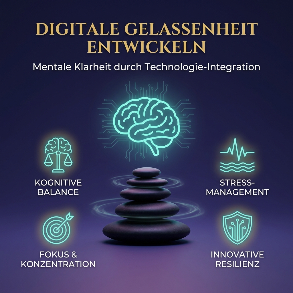 STYLE GUIDE: DIGITAL ZEN / TRANS-SURFING AESTHETIC. Glowing teal line-art icon of a human brain integrated with subtle circuit board patterns, floating above a perfectly balanced Zen stone. Deep blue background. High-end, premium corporate vibe. No book images.