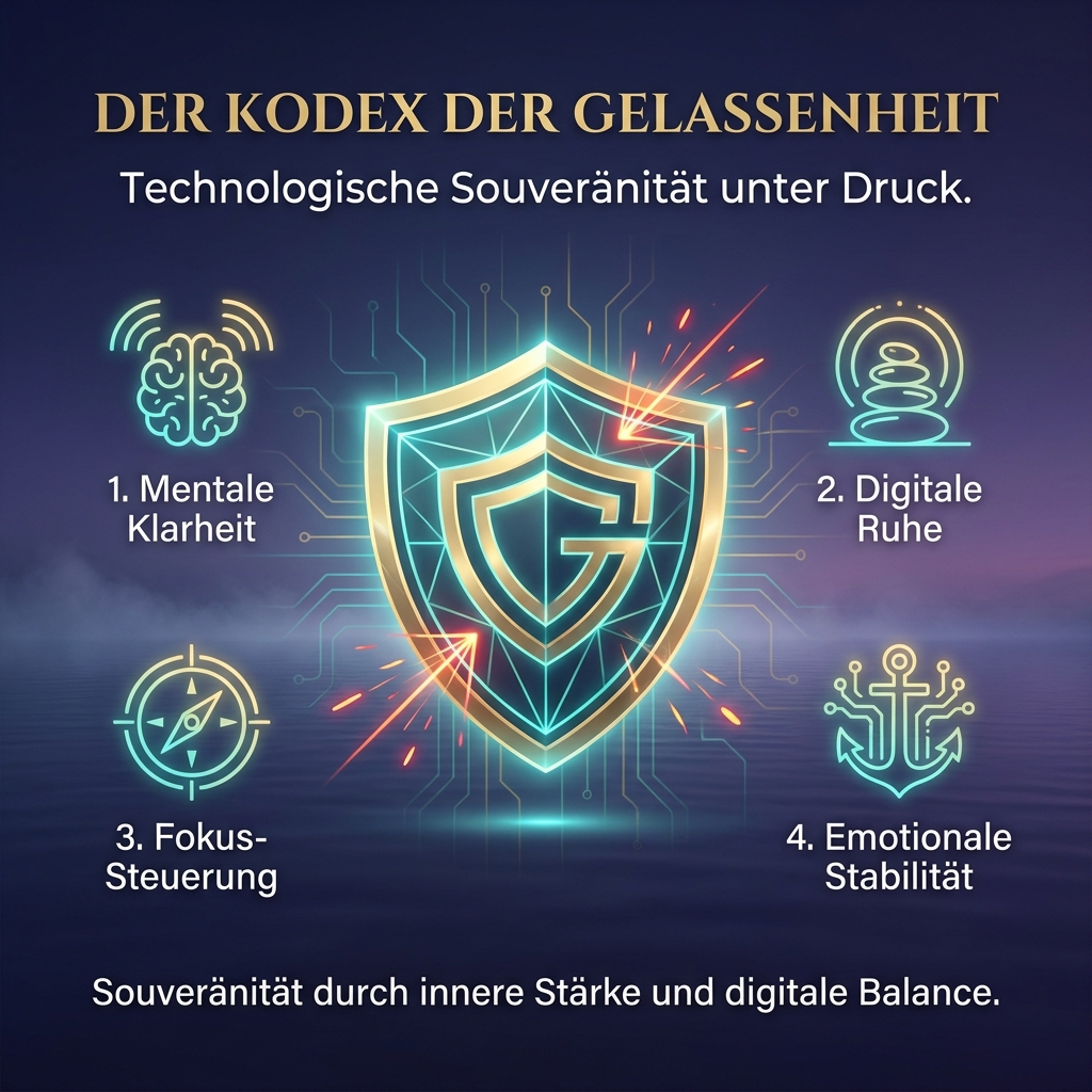 STYLE GUIDE: DIGITAL ZEN / TRANS-SURFING AESTHETIC. A luminous metallic gold shield formed by geometric energy lines, deflecting abstract red/orange sparks. Dark purple background with subtle mist. Clean, minimalist glow-art style. No book images.