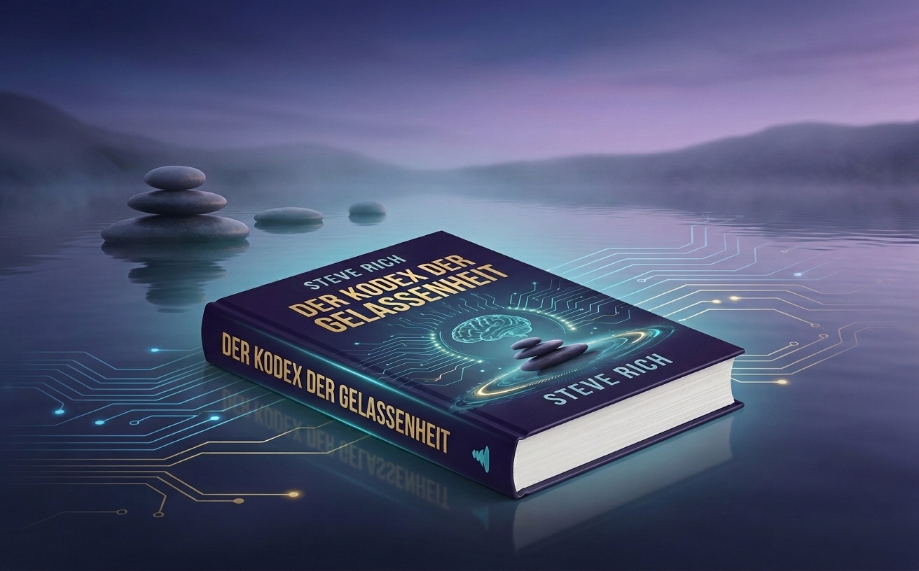 STYLE GUIDE: DIGITAL ZEN / TRANS-SURFING AESTHETIC 1. COLOR PALETTE: Primary (Deep Night Blue): #121639, Secondary (Royal Purple): #3D215B, Accent 1 (Luminous Teal/Cyan): #00D2D3, Accent 2 (Metallic Gold): #C5A02E, Background (Soft Dusk Pink/Lavender): #D1C4E9, Text (Pure White / Gold): #FFFFFF. 2. ICON STYLE: Minimalistische "Glow-Line-Art". Schlanke Linien, die wie leuchtende Schaltkreise wirken. 3. BACKGROUND STYLE: Zweigeteilt. Kombination aus unscharfen Naturlandschaften (Dämmerung am See) und geometrischen, digitalen Overlays. 4. MOOD/ATMOSPHERE: "Souveräne Ruhe im Sturm". Professionell, technologisch fortschrittlich. 5. TYPOGRAPHY STYLE: Elegante, Serif-Schrift in Gold-Optik. 6. DECORATIVE ELEMENTS: Zen-Steinstapel, kreisförmige Licht-Auren. 7. DO NOT: Keine grellen Neonfarben, keine unruhigen Bilder.

PROMPT: A breathtaking, high-end landscape (970x600). A close-up of a perfectly stacked cairn (Zen stones) resting on a sleek, reflective glass desk. In the background, out of focus, a majestic city skyline at dawn with soft purple and teal glowing light. A faint, glowing golden aura surrounds the top stone, symbolizing ultimate mastery and focus. Elegant, bold typography in white and gold reads: "ÜBERNIMM DIE KONTROLLE. MEISTERE DAS SPIEL." No book objects, no physical books.