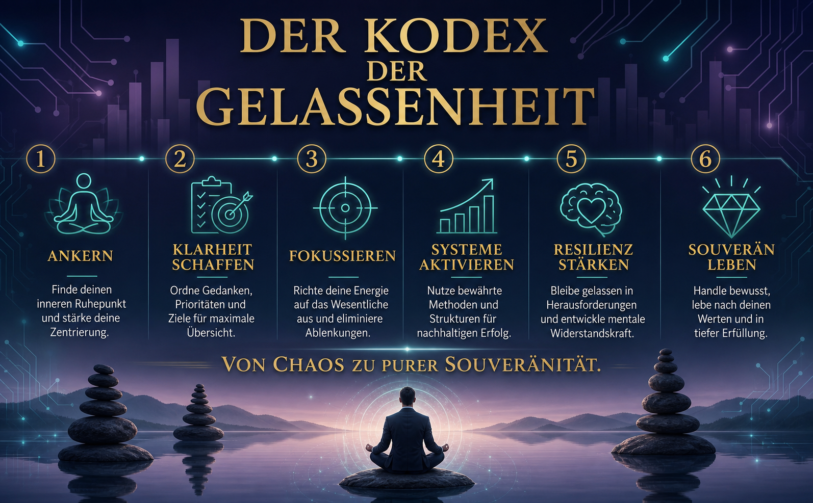 Ein weites, ruhiges Wasserbecken, in dem sich ein futuristisches, minimalistisches Büro spiegelt. Die Szene strahlt tiefe Ruhe aus. Farbpalette: Tiefes Nachtblau (#1A1B41), Akzente in elegantem Gold (#D4AF37) und ein subtiles Teal-Leuchten (#00A8A8). Oben dezent schwebende, leuchtende geometrische Formen, die Struktur und Fokus symbolisieren. Text im Bild: "Von Chaos zu purer Souveränität." Stil: High-Tech-Serenity. Keine Bücher, keine Cover.