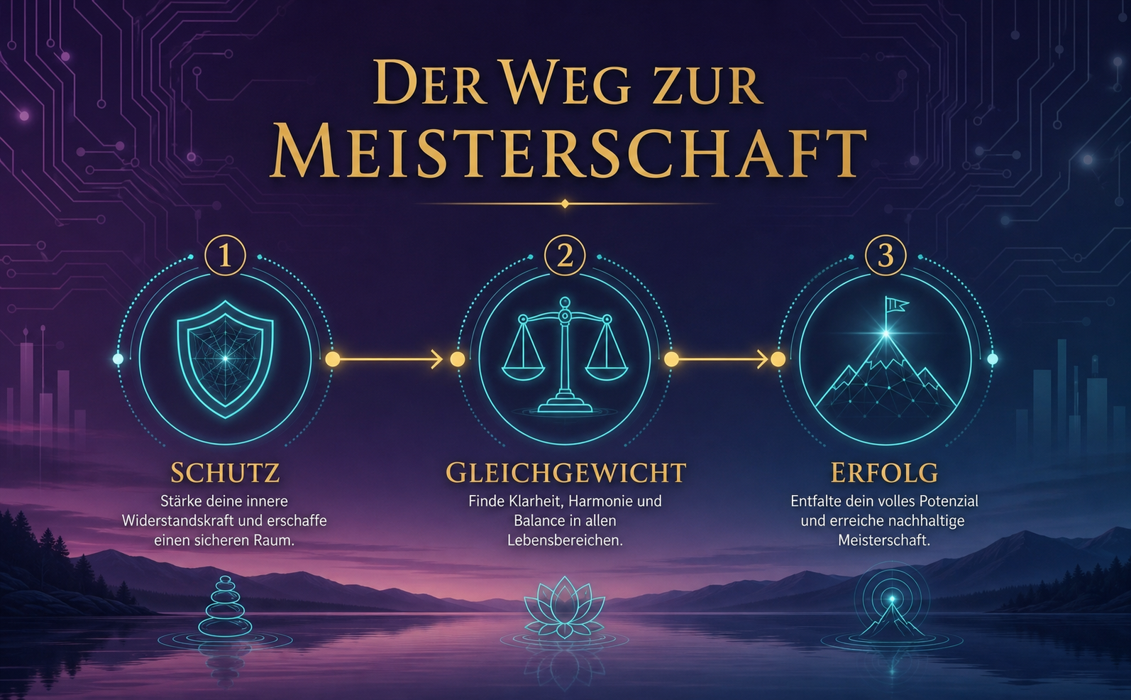 Eine minimalistische Infografik-Roadmap im High-Tech-Serenity-Stil. Hintergrund: Dunkles Magenta-Violett (#4B3061) mit feinen Leiterplatten-Mustern, die in eine ruhige Wasserlandschaft übergehen. Drei leuchtende Stationen (Line-Art Icons in Teal #00A8A8): 1. Ein Schild (Schutz), 2. Eine ausbalancierte Waage (Gleichgewicht), 3. Ein leuchtender Gipfel (Erfolg). Verbindungslinien aus Gold (#D4AF37). Deutscher Text: "Der Weg zur Meisterschaft". Keine Buch-Abbildungen.