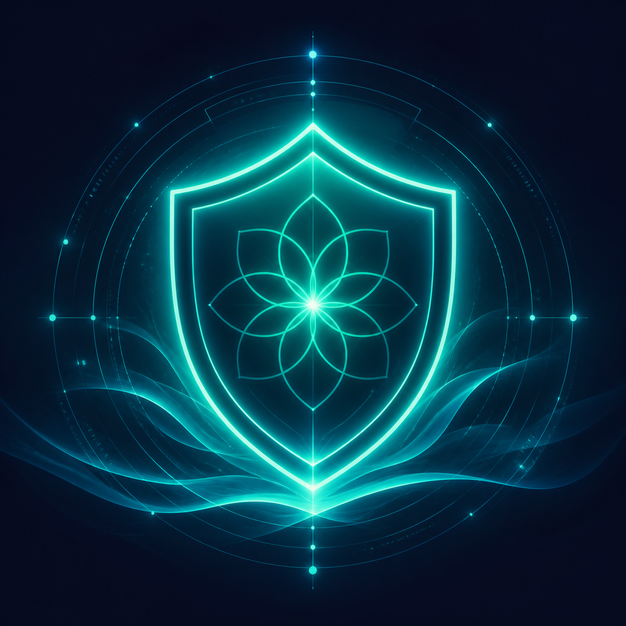 Ein abstraktes, leuchtendes Schutzschild-Icon im Line-Art-Stil, umgeben von einer subtilen Teal-Aura (#00A8A8). Hintergrund tiefes Nachtblau (#1A1B41). Stil: Technologisch und minimalistisch. Keine Bücher.