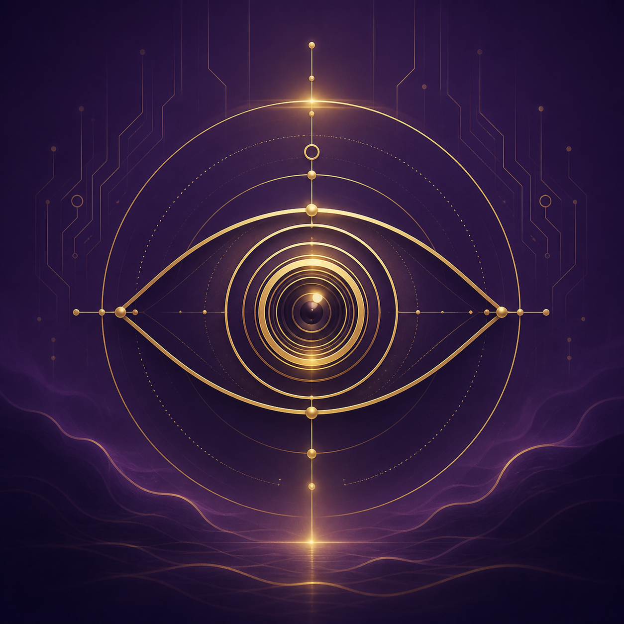 Ein minimalistisches Auge oder eine Kameralinse aus feinen goldenen Linien (#D4AF37), die Weitblick und Klarheit symbolisiert. Hintergrund dunkles Violett (#4B3061) mit sanften Schatten. Keine Bücher.