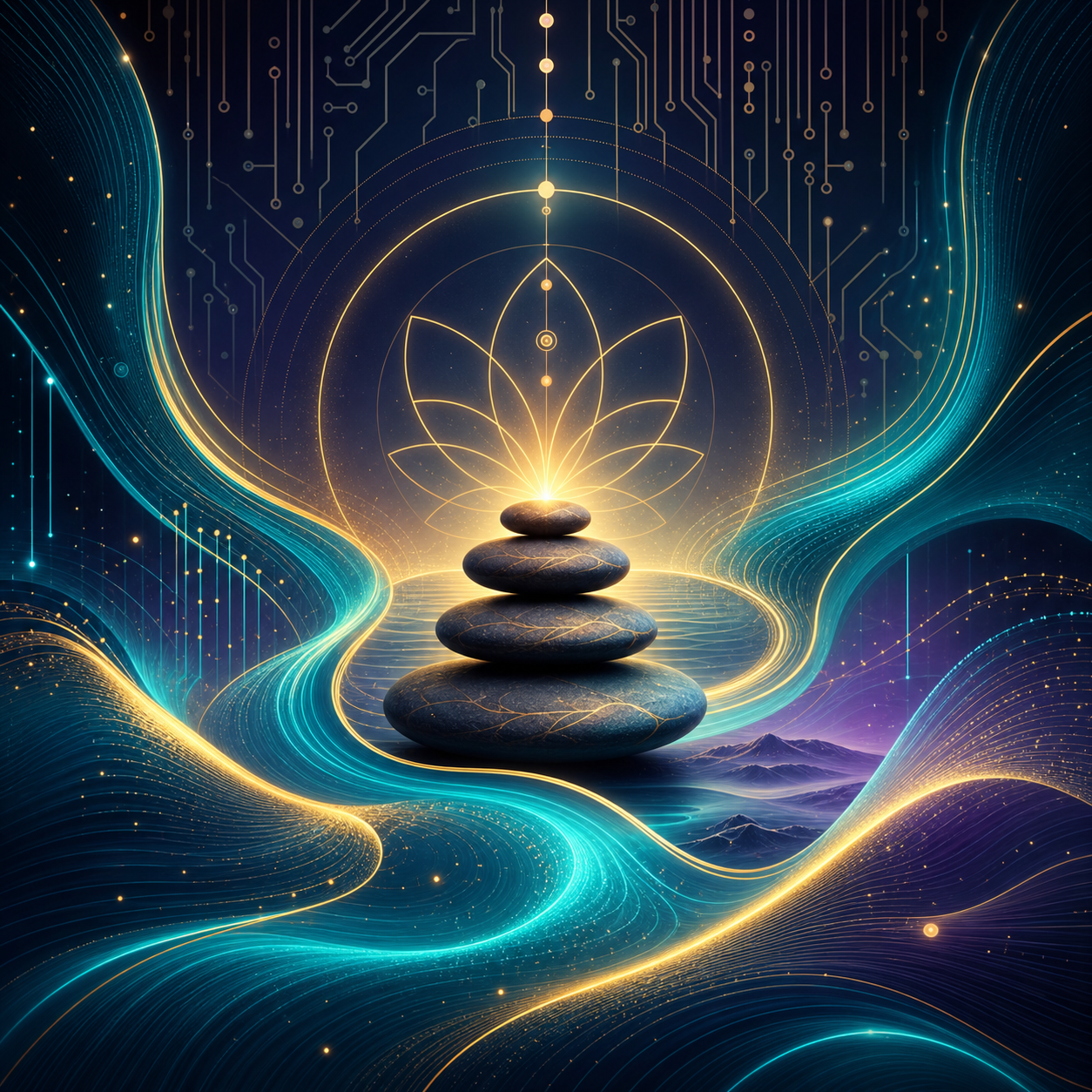 Sanft geschwungene, fließende digitale Wellenlinien in Teal und Gold, die einen harmonischen Fluss (Flow) darstellen. Zen-Atmosphäre trifft auf High-Tech. Keine Bücher.