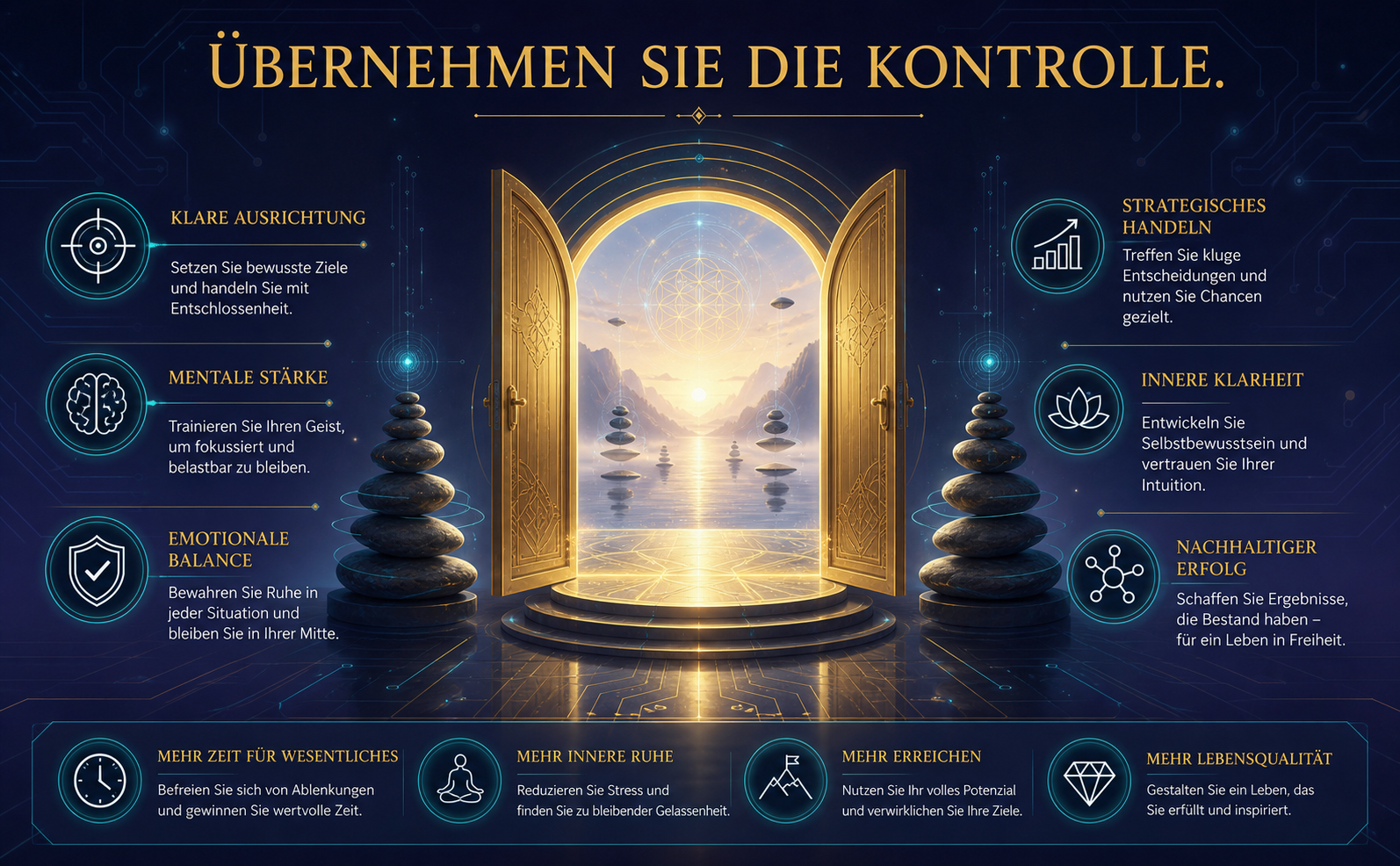 Eine majestätische, offene Tür aus strahlendem Gold (#D4AF37), die aus einem dunklen, abstrakten Raum (#1A1B41) in eine helle, neblig-ruhige Dimension führt. Subtile schwebende Zen-Steine (Cairns) flankieren den Eingang. Text im Bild: "Übernehmen Sie die Kontrolle." Stimmung: Erhaben, ermutigend, futuristisch-spirituell. Keine Bücher.