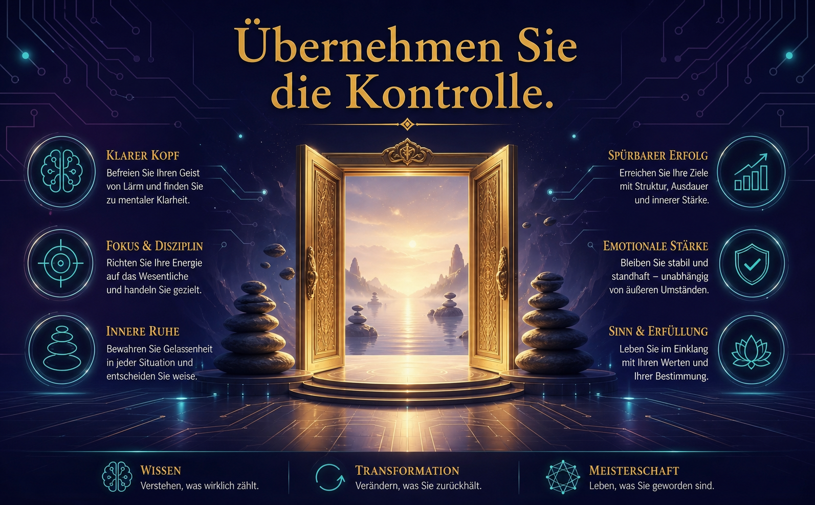 Eine majestätische, offene Tür aus strahlendem Gold (#D4AF37), die aus einem dunklen, abstrakten Raum (#1A1B41) in eine helle, neblig-ruhige Dimension führt. Subtile schwebende Zen-Steine (Cairns) flankieren den Eingang. Text im Bild: "Übernehmen Sie die Kontrolle." Stimmung: Erhaben, ermutigend, futuristisch-spirituell. Keine Bücher.