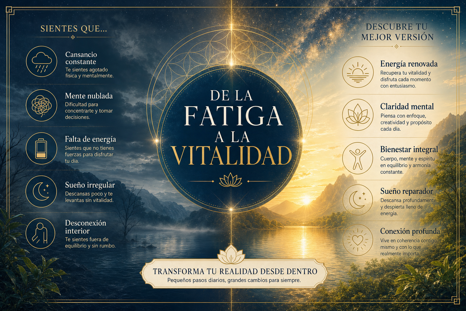 Composición dividida que muestra una transición visual. Lado izquierdo: tonos oscuros y niebla sutil que representa confusión y fatiga. Lado derecho: un amanecer dorado brillante sobre un lago sereno, con polvo estelar cósmico, que representa claridad y vitalidad. Texto superpuesto en el centro en tipografía Serif elegante: "DE LA FATIGA A LA VITALIDAD". VISUAL STYLE GUIDE - TRANSURFING SALUD: Color Palette: Navy #0D1B2A, Aged Gold #B58D3D, Parchment #F5F1E3, Teal #1B4353. Imagery Style: Ethereal nature landscapes, misty lakes, and cosmic stardust. Symmetrical compositions. Graphic Elements: Thin-line sacred geometry (Flower of Life), golden outlines, elegant frames. Typography Context: High-end Serif for titles, clean Sans-serif for body text. Lighting: Golden hour, soft divine glow from the center, high contrast between deep shadows and warm highlights. Atmosphere: Spiritual, healing, serene, professional, transcendental. Negative Constraints: No neon, no 3D icons, no urban settings, no cluttered backgrounds, no bold/heavy fonts.