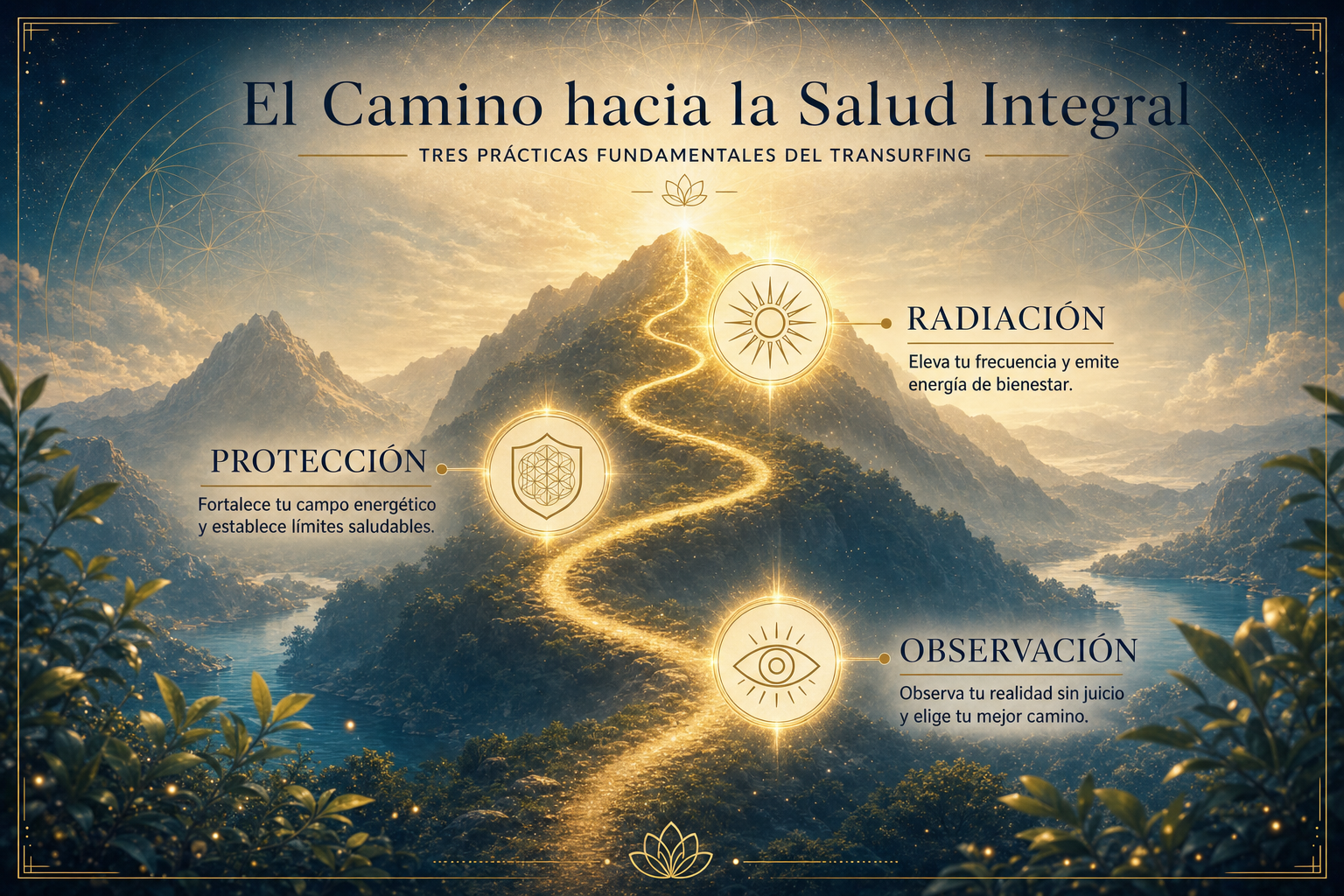 Infografía de un camino dorado ascendente que serpentea por una montaña etérea. A lo largo del camino hay 3 puntos de luz brillante con iconos de trazo fino: 1) Un ojo minimalista (Texto: "Observación"), 2) Un escudo con geometría sagrada (Texto: "Protección"), 3) Un sol radiante (Texto: "Radiación"). VISUAL STYLE GUIDE - TRANSURFING SALUD: Color Palette: Navy #0D1B2A, Aged Gold #B58D3D, Parchment #F5F1E3, Teal #1B4353. Imagery Style: Ethereal nature landscapes, misty lakes, and cosmic stardust. Symmetrical compositions. Graphic Elements: Thin-line sacred geometry (Flower of Life), golden outlines, elegant frames. Typography Context: High-end Serif for titles, clean Sans-serif for body text. Lighting: Golden hour, soft divine glow from the center, high contrast between deep shadows and warm highlights. Atmosphere: Spiritual, healing, serene, professional, transcendental. Negative Constraints: No neon, no 3D icons, no urban settings, no cluttered backgrounds, no bold/heavy fonts.