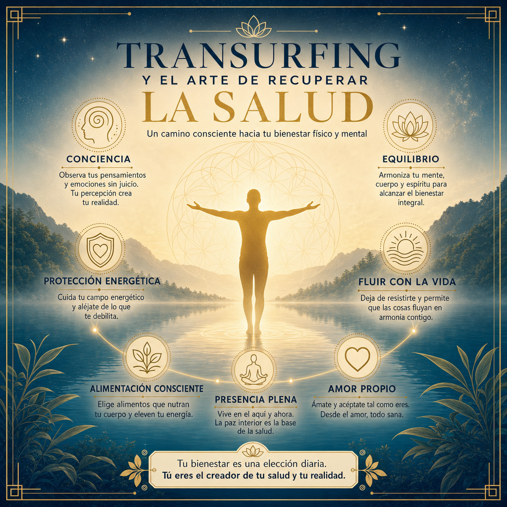Silueta elegante y minimalista en color dorado de una persona con los brazos abiertos frente a un lago brumoso, rodeada de un aura luminosa sutil. VISUAL STYLE GUIDE - TRANSURFING SALUD: Color Palette: Navy #0D1B2A, Aged Gold #B58D3D, Parchment #F5F1E3, Teal #1B4353. Imagery Style: Ethereal nature landscapes, misty lakes, and cosmic stardust. Symmetrical compositions. Graphic Elements: Thin-line sacred geometry (Flower of Life), golden outlines, elegant frames. Typography Context: High-end Serif for titles, clean Sans-serif for body text. Lighting: Golden hour, soft divine glow from the center, high contrast between deep shadows and warm highlights. Atmosphere: Spiritual, healing, serene, professional, transcendental. Negative Constraints: No neon, no 3D icons, no urban settings, no cluttered backgrounds, no bold/heavy fonts.
