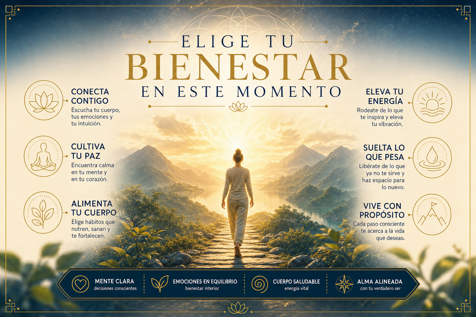 Escena aspiracional y trascendental de una figura humana caminando hacia un horizonte de luz dorada intensa que emana de un paisaje montañoso etéreo. La composición transmite liberación y esperanza. Texto superpuesto en mayúsculas elegantes: "ELIGE TU BIENESTAR EN ESTE MOMENTO". VISUAL STYLE GUIDE - TRANSURFING SALUD: Color Palette: Navy #0D1B2A, Aged Gold #B58D3D, Parchment #F5F1E3, Teal #1B4353. Imagery Style: Ethereal nature landscapes, misty lakes, and cosmic stardust. Symmetrical compositions. Graphic Elements: Thin-line sacred geometry (Flower of Life), golden outlines, elegant frames. Typography Context: High-end Serif for titles, clean Sans-serif for body text. Lighting: Golden hour, soft divine glow from the center, high contrast between deep shadows and warm highlights. Atmosphere: Spiritual, healing, serene, professional, transcendental. Negative Constraints: No neon, no 3D icons, no urban settings, no cluttered backgrounds, no bold/heavy fonts.