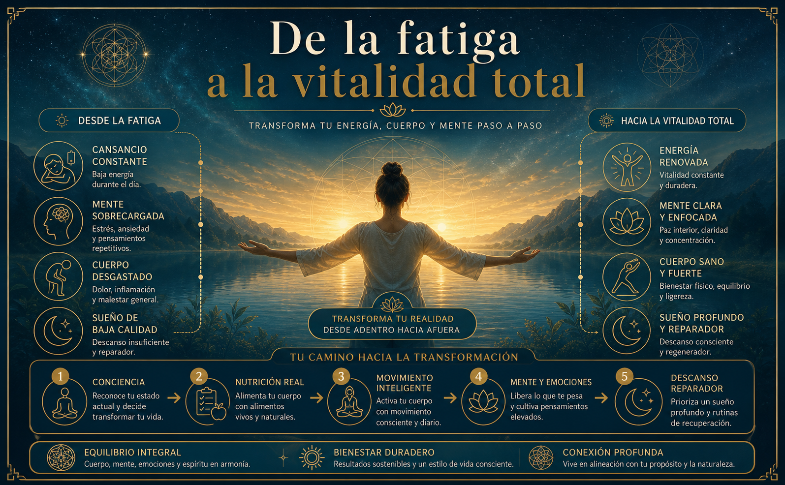 Escena de transformación aspiracional. Una mujer de espaldas, con los brazos abiertos frente a un amanecer sobre un lago sereno de aguas cristalinas, fusionándose sutilmente con una textura cósmica en el cielo. Paleta: azul noche profundo (#0B243B), teal galáctico (#1D435A) y detalles en oro envejecido (#B08D3E). En el centro, el texto en tipografía serif elegante: "De la fatiga a la vitalidad total". Estilo trascendental, sereno y vitalista, sin elementos urbanos ni colores neón.