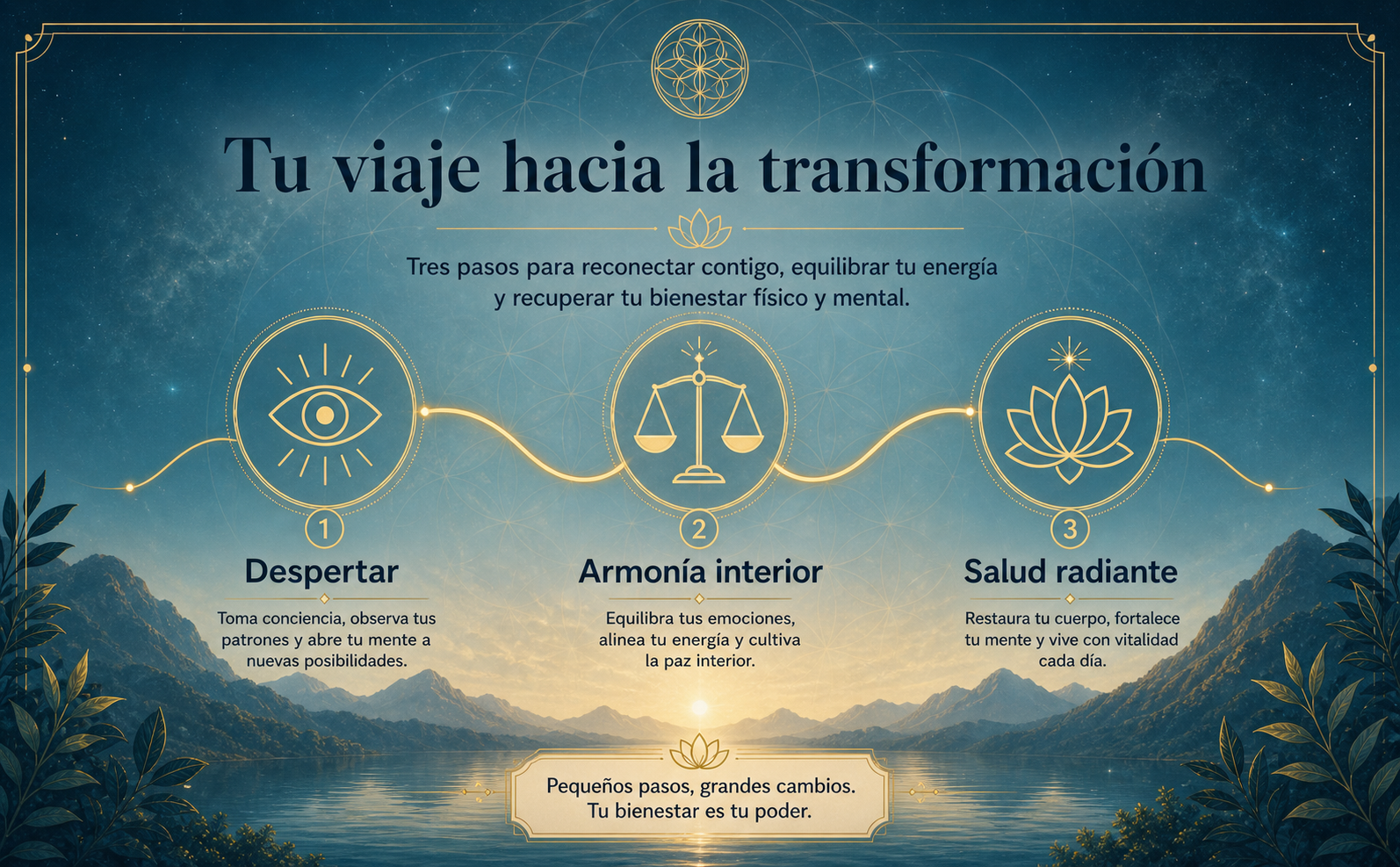 Infografía de marketing mostrando un viaje de transformación. Fondo teal galáctico (#1D435A) con sutiles mandalas geométricos. Una línea de tiempo ondulada en color oro envejecido (#B08D3E) conecta tres iconos minimalistas lineales dorados: 1. Un ojo estilizado (texto: "Despertar"), 2. Una balanza en equilibrio (texto: "Armonía interior"), 3. Una flor de loto brillante (texto: "Salud radiante"). Diseño limpio, paleta crema pergamino y azul marino oscuro. Tipografía sans-serif moderna. Sin elementos urbanos.