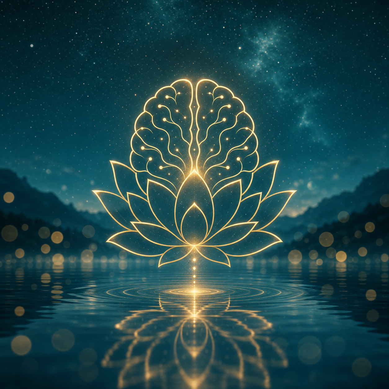 Icono lineal minimalista en color oro de un cerebro fusionado con una flor de loto abierta, flotando sobre un lago tranquilo con efecto bokeh y cielo teal galáctico (#1D435A). Atmósfera trascendental y serena.