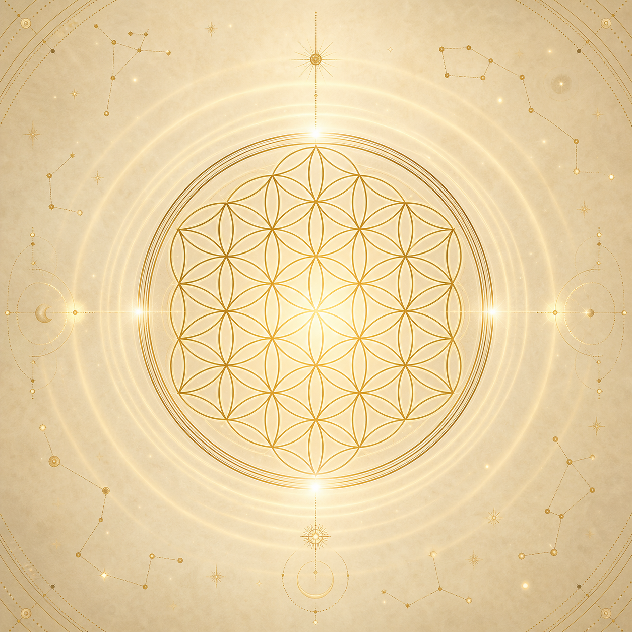 Icono lineal minimalista en oro de una geometría sagrada (semilla de la vida) irradiando ondas suaves, sobre un fondo crema pergamino (#F5F1E3) con detalles de constelaciones sutiles. Estilo elegante y místico.