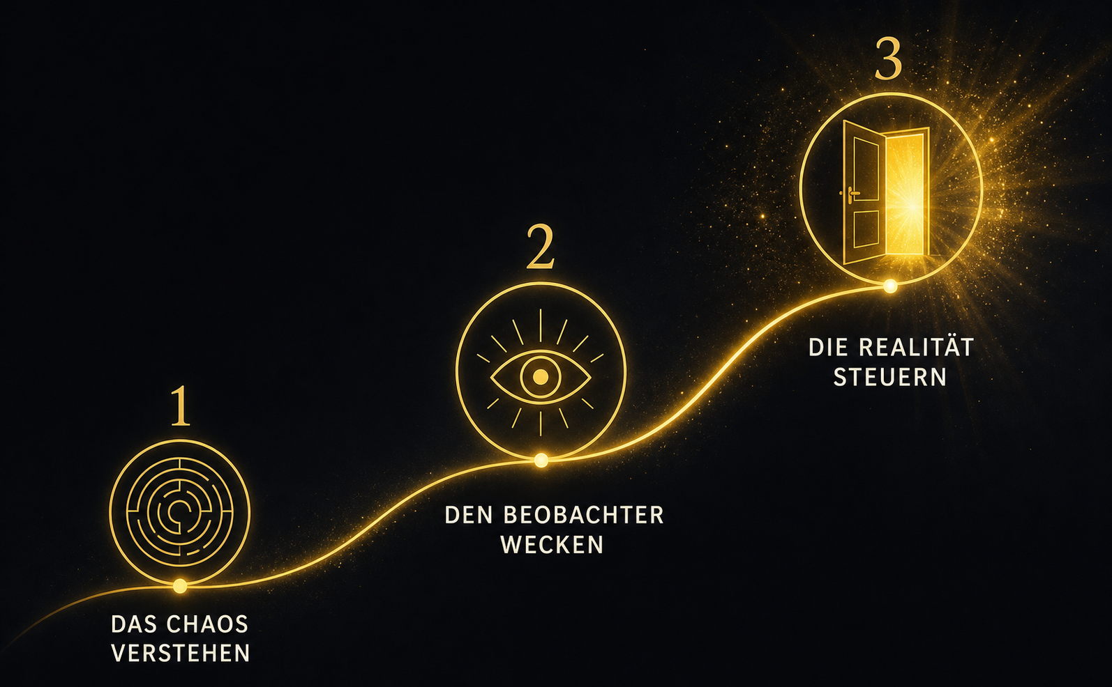 Eine elegante Infografik im minimalistischen Stil mit tiefschwarzem Hintergrund (#1A1C20). Eine fließende, aufsteigende goldene Linie (#D4AF37) verbindet drei Stationen. Station 1 (unten links): Ein abstraktes Labyrinth-Icon (dünne Linien) mit dem Text "Das Chaos verstehen". Station 2 (Mitte): Ein leuchtendes Auge-Icon mit dem Text "Den Beobachter wecken". Station 3 (oben rechts): Eine offene Tür mit strahlendem Licht (#FFD700) und dem Text "Die Realität steuern". Text in moderner Sans-Serif-Schrift (Cremeweiß, #F5F5F5). Goldene Partikeleffekte umgeben die höchste Station. Keine unruhigen Muster, sehr aufgeräumtes Design.