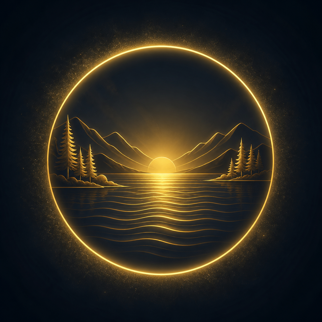 Ein minimalistisches, goldenes Icon (#D4AF37) eines ruhigen Sees mit leichten Wellen, umgeben von einem weichen, leuchtenden Kreis auf tiefblauem Hintergrund (#1A1C20). Symbolisiert emotionale Stille.