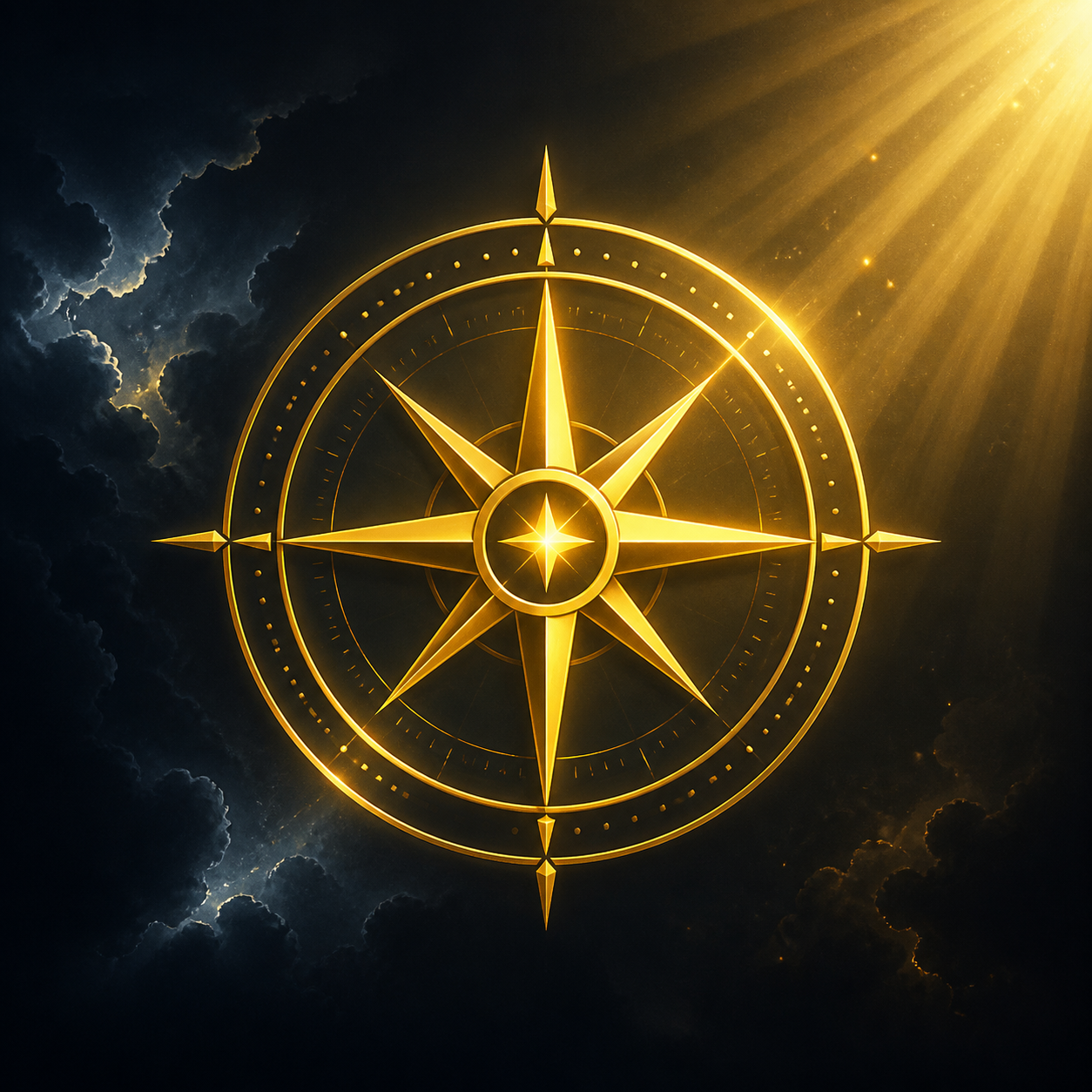 Ein leuchtendes, goldenes Kompass-Icon (#D4AF37) mit klaren, dünnen Linien auf einem dunklen Hintergrund (#1A1C20). Sanfte Lichtstrahlen deuten die Richtung an. Symbolisiert absolute Klarheit.