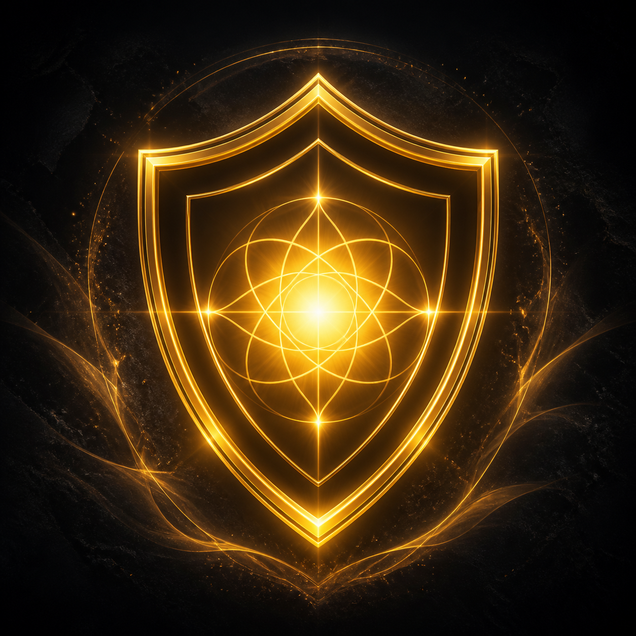Ein starkes, abstraktes Schild-Icon aus goldenen Linien (#D4AF37), das sanft von innen leuchtet (#FFD700). Tiefschwarzer Hintergrund (#1A1C20). Symbolisiert energetischen Schutz.