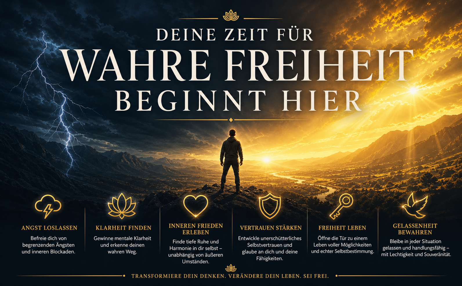 Eine kraftvolle, inspirierende Szene. Eine Person steht auf einem Berggipfel und blickt in ein weites, lichtdurchflutetes Tal. Der Himmel zeigt einen dramatischen Übergang von Gewitterblau (#2C3E50) zu strahlendem Sonnengelb (#FFD700) und Gold (#D4AF37). Kinoreife Beleuchtung, tiefe Schatten und strahlende God Rays. Zentriert in großer, würdevoller Serif-Schrift (Cremeweiß, #F5F5F5): "DEINE ZEIT FÜR WAHRE FREIHEIT BEGINNT HIER". Elegantes Design, das pure Souveränität ausstrahlt.