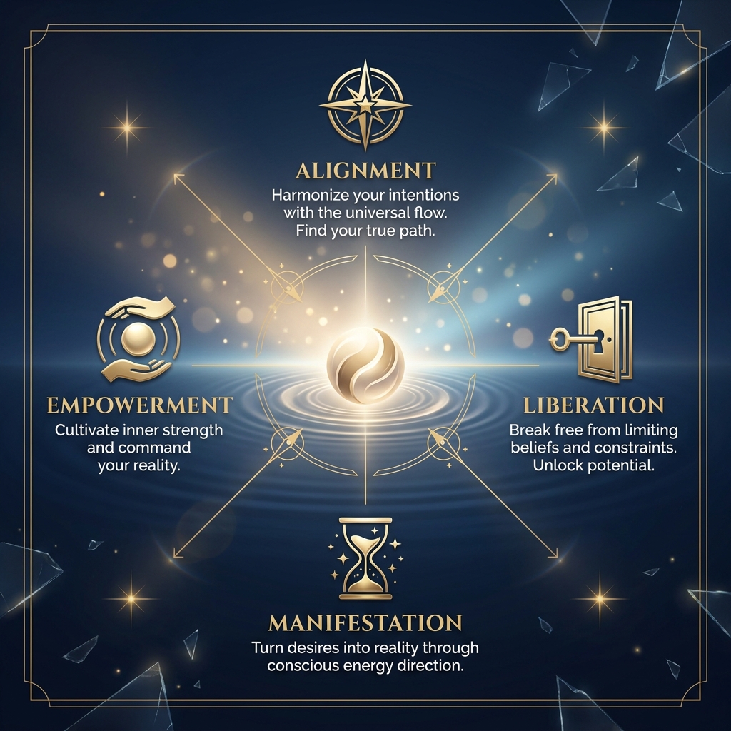 Style Guide [TRANSURFING-BRAND-V1]: Cinematic photography style, deep midnight blue and metallic gold color grade (#0A1931, #C5A059). Lighting: Ethereal glow from a central horizon. Elements: Minimalist geometric gold lines, shattered glass textures, high-end spiritual aesthetic. Atmosphere: Empowering, serene, and premium. No bright neon, no clutter, no cartoon styles. High-contrast, 8k resolution, elegant composition. Visual: A glowing champagne-colored energy core, surrounded by delicate concentric water ripples.