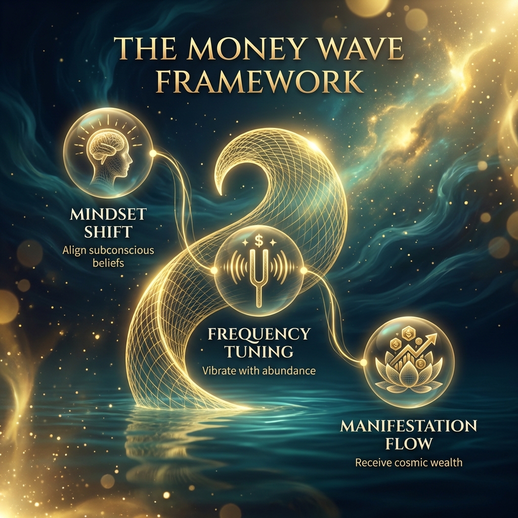 Visual Style Guide: Cinematic Transurfing aesthetic. Color Palette: Midnight Navy (#051626), Deep Teal (#0A4D5E), and Metallic Gold (#D4AF37). Lighting: High-contrast, ethereal glow, golden particles, and cosmic nebulae. Subject Style: 3D energy constructs, glowing wireframe icons, and fluid motion blur. Atmosphere: Metaphysical, luxurious, serene power. Typography Reference: Elegant Serif, gold-leaf textures. Avoid: Flat design, literal paper money, corporate office settings, or bright neon colors. All imagery must feel like a blend of deep ocean and outer space. A glowing 3D wireframe lotus flower floating serenely on dark teal water, surrounded by golden dust particles.