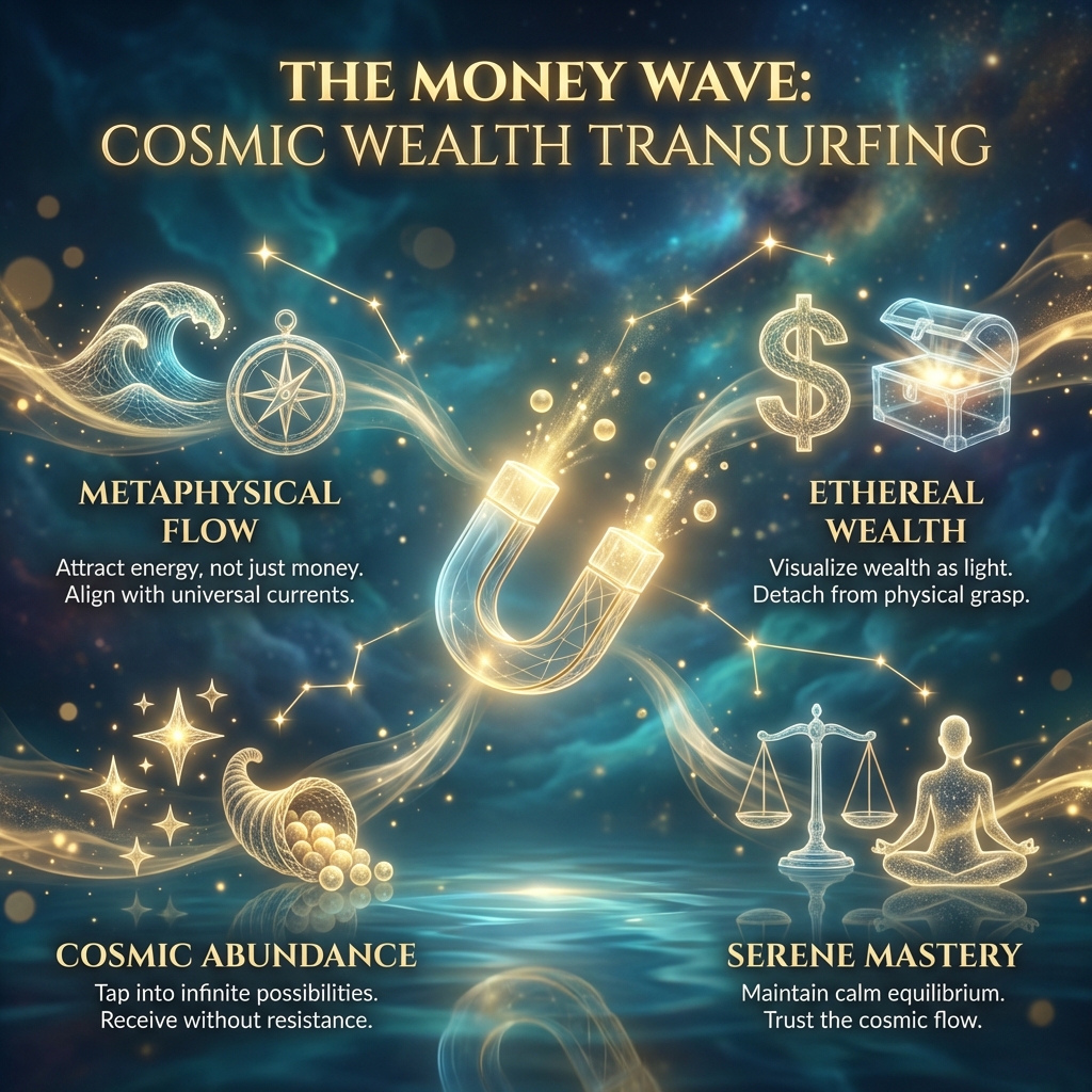 Visual Style Guide: Cinematic Transurfing aesthetic. Color Palette: Midnight Navy (#051626), Deep Teal (#0A4D5E), and Metallic Gold (#D4AF37). Lighting: High-contrast, ethereal glow, golden particles, and cosmic nebulae. Subject Style: 3D energy constructs, glowing wireframe icons, and fluid motion blur. Atmosphere: Metaphysical, luxurious, serene power. Typography Reference: Elegant Serif, gold-leaf textures. Avoid: Flat design, literal paper money, corporate office settings, or bright neon colors. All imagery must feel like a blend of deep ocean and outer space. A metaphysical 3D magnet made of translucent glass and golden light, pulling in glowing spheres of energy.