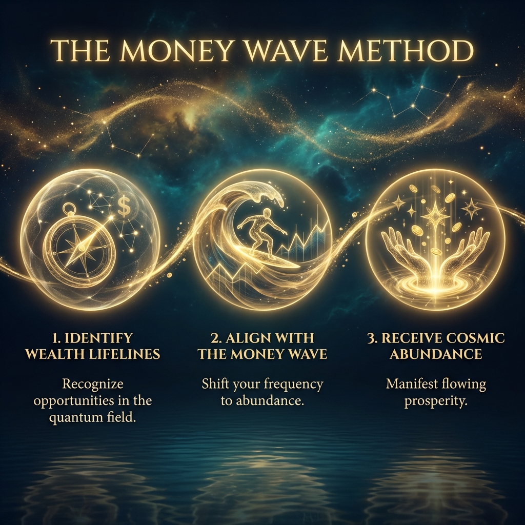Visual Style Guide: Cinematic Transurfing aesthetic. Color Palette: Midnight Navy (#051626), Deep Teal (#0A4D5E), and Metallic Gold (#D4AF37). Lighting: High-contrast, ethereal glow, golden particles, and cosmic nebulae. Subject Style: 3D energy constructs, glowing wireframe icons, and fluid motion blur. Atmosphere: Metaphysical, luxurious, serene power. Typography Reference: Elegant Serif, gold-leaf textures. Avoid: Flat design, literal paper money, corporate office settings, or bright neon colors. All imagery must feel like a blend of deep ocean and outer space. A glowing golden doorway opening into a vast, starry cosmos, symbolizing limitless potential and freedom.