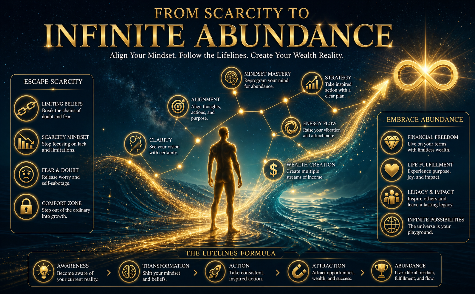 A cinematic cosmic-ocean fusion background in Deep Space (#020817) and Ocean Teal (#114B5F). A glowing 3D metallic gold (#D4AF37) silhouette of a person standing calmly on a fluid water texture, looking up at a shimmering golden constellation of geometric lifelines. High-contrast white serif text reads: "FROM SCARCITY TO INFINITE ABUNDANCE". Lens flares and golden spray effects. Professional marketing infographic style.