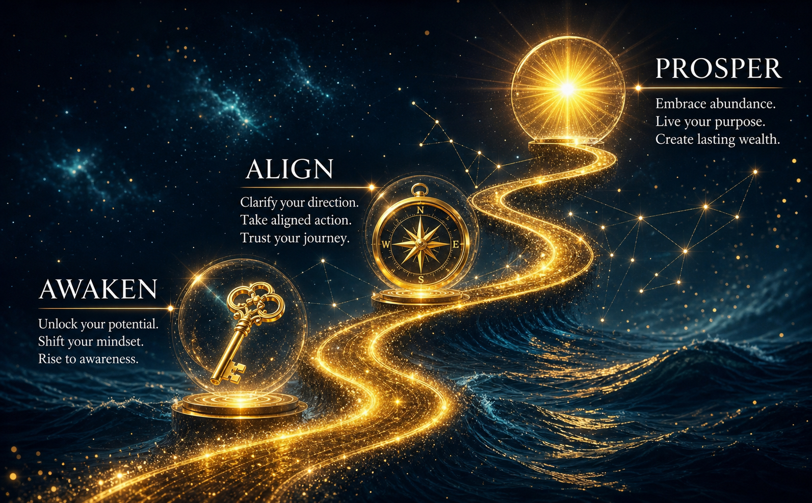 A timeline infographic showing a transformation journey. Deep midnight gradient background with bokeh particles. A glowing 3D metallic golden path winds upward. Three glowing icons along the path: a key (representing awakening), a compass (representing navigation), and a radiant sun glow (#FFD700) at the peak (representing ultimate prosperity). Elegant white serif text labels: "AWAKEN", "ALIGN", "PROSPER". Cinematic cosmic-ocean atmosphere.