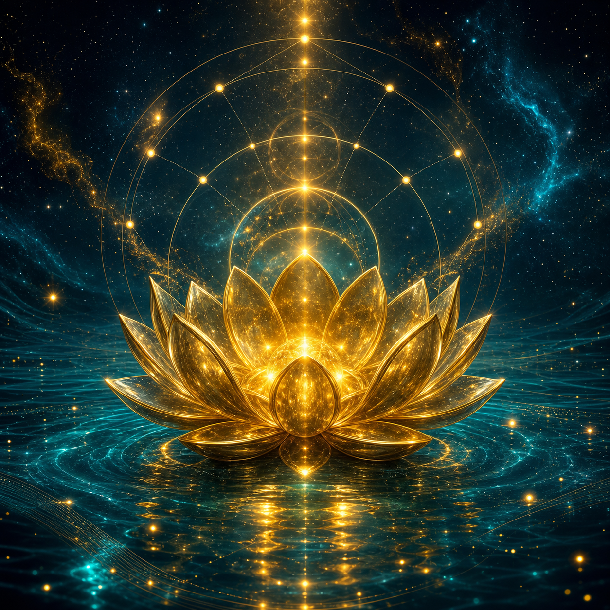 A glowing 3D metallic gold lotus flower floating on a calm ocean teal water surface. Deep space background with soft ethereal glows and shimmering geometric lifelines.