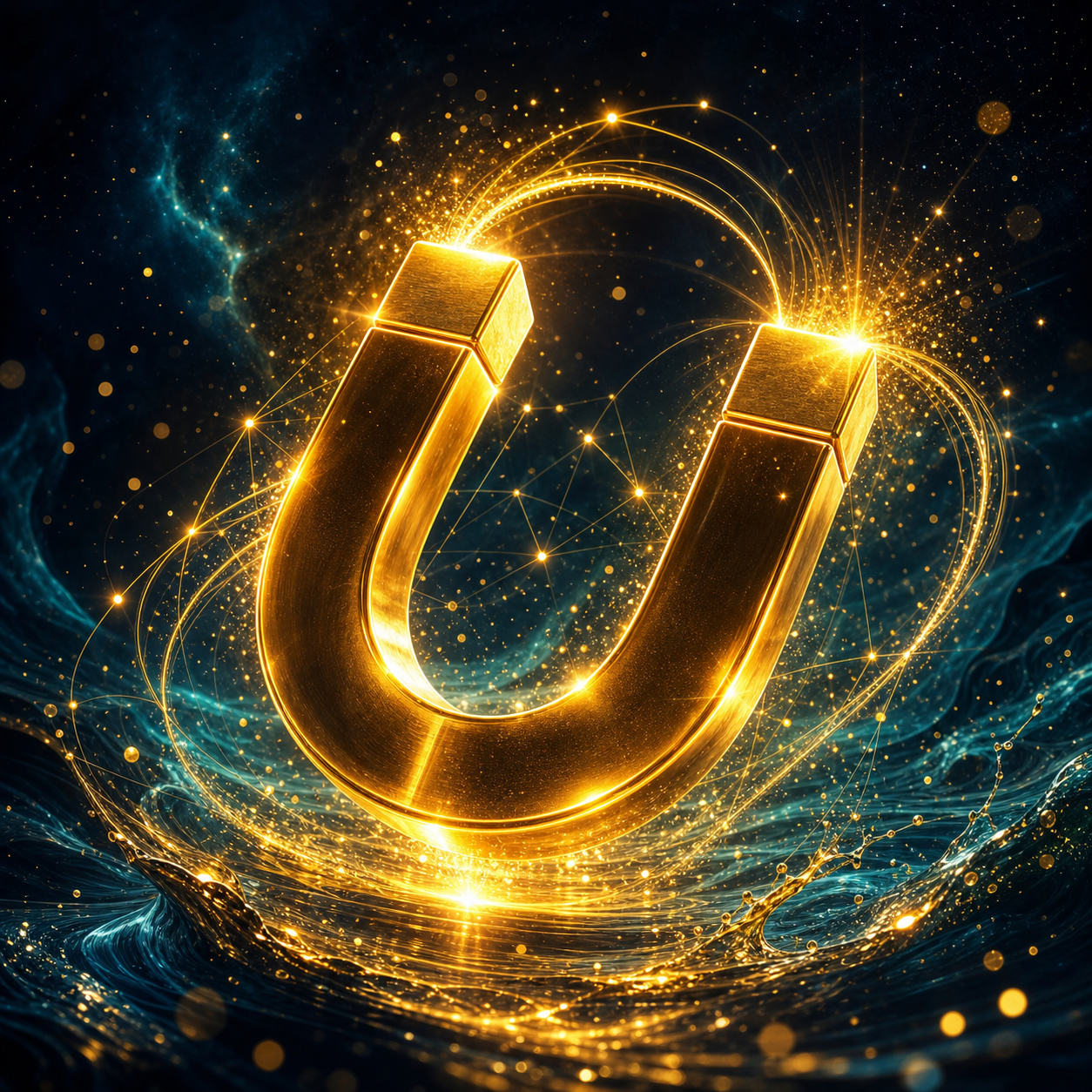 A 3D metallic golden magnet surrounded by shimmering golden spray and energetic light trails. Deep midnight cosmic background.