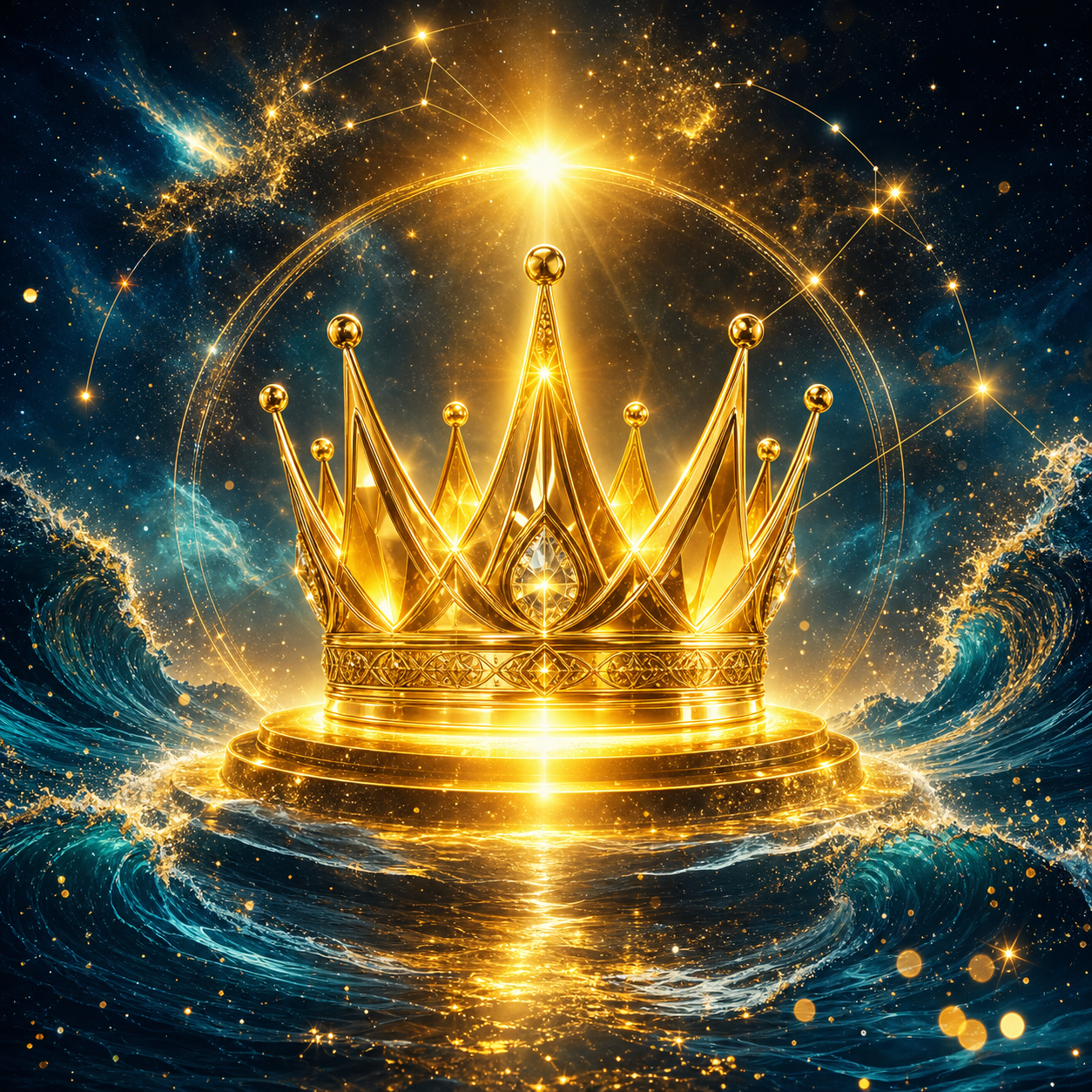A glowing 3D metallic gold crown resting on a pedestal of light. Cosmic-ocean fusion background with intense lens flares and golden particles.