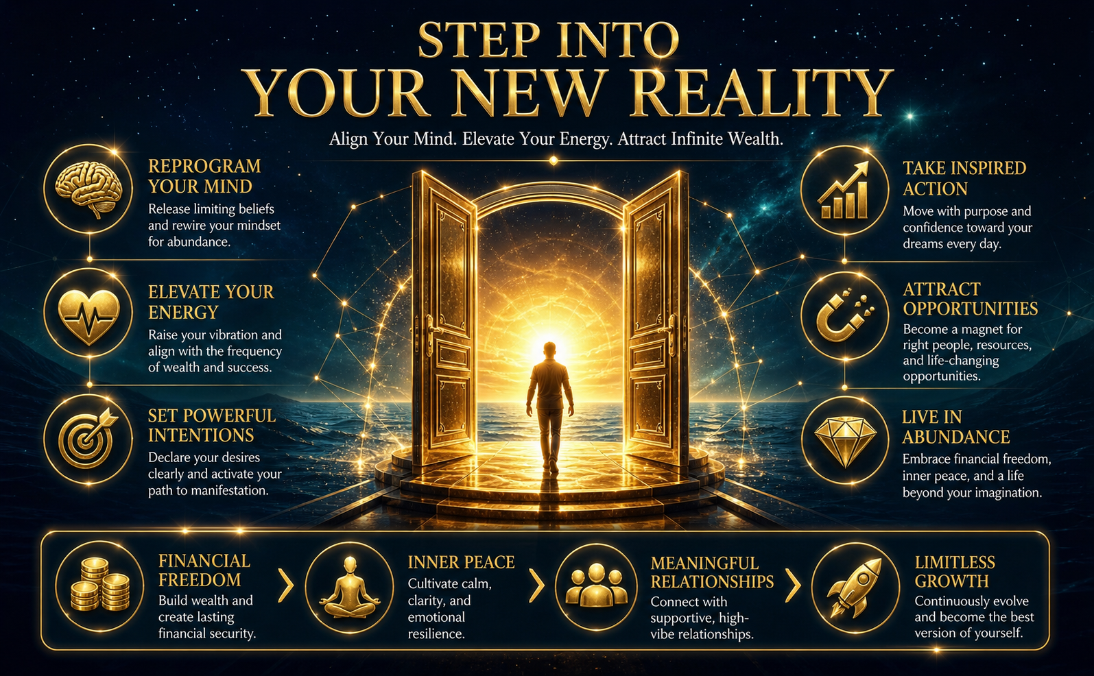 A majestic, aspirational scene. A glowing open doorway made of 3D metallic gold frames a brilliant Sun Glow (#FFD700) horizon over a cosmic ocean. Deep space (#020817) surrounds the door. High-contrast white serif text reads: "STEP INTO YOUR NEW REALITY". Lens flares and shimmering golden particles create intense desire and urgency.