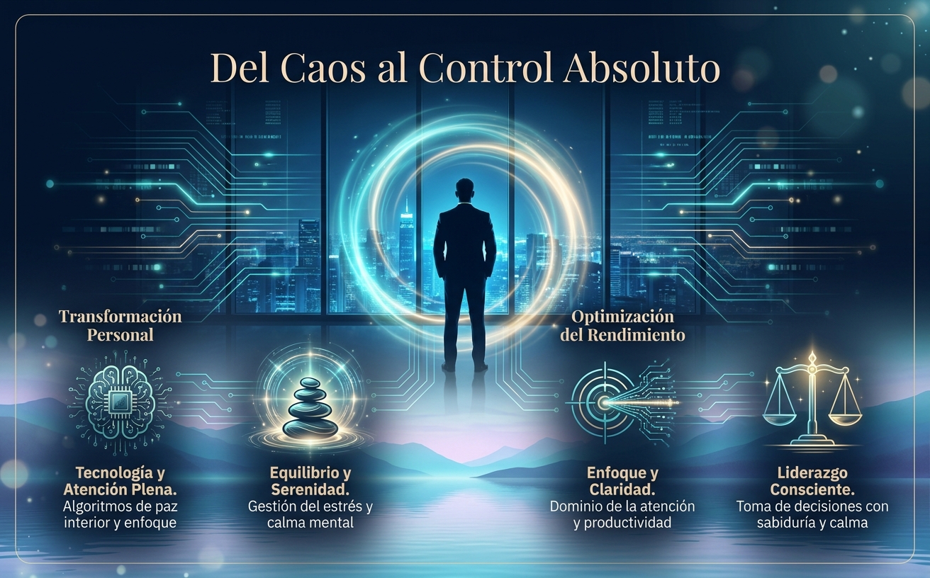 Visual Style Specification for "El Código de la Calma": Theme: High-tech Zen and Professional Serenity. Color Palette: Deep Midnight Blue (#0B162C), Cyan-Teal Glow (#1E8E92), Champagne Gold (#E5C07B), and Muted Lavender (#9B8CB9). Lighting: Cinematic lighting with soft glowing digital circuits merging into a peaceful sunset landscape. Elements: Zen stone stacks, ethereal energy circles, subtle microchip patterns, calm reflective water. Typography Context: Elegant Serif headers with high kerning, clean Sans-serif subtexts. Mood: Sophisticated, calm, powerful, and balanced. Exclusions: No aggressive reds, no clutter, no chaotic textures, no casual fonts. High-definition, premium aesthetic, 8k resolution. 

Escena visual: Un hombre de negocios silueteado de espaldas, de pie frente a un ventanal panorámico de un rascacielos. Afuera, la ciudad está en un tono azul noche profundo, pero alrededor de él hay un aura luminosa sutil en cian y oro champaña, simbolizando control absoluto y paz interior en medio del caos corporativo. Texto destacado en la imagen con tipografía serif elegante: "Del Caos al Control Absoluto".