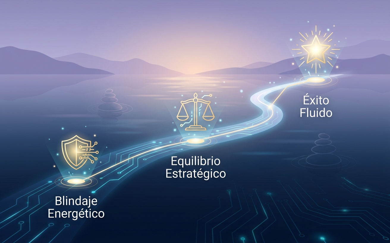 Visual Style Specification for "El Código de la Calma": Theme: High-tech Zen and Professional Serenity. Color Palette: Deep Midnight Blue (#0B162C), Cyan-Teal Glow (#1E8E92), Champagne Gold (#E5C07B), and Muted Lavender (#9B8CB9). Lighting: Cinematic lighting with soft glowing digital circuits merging into a peaceful sunset landscape. Elements: Zen stone stacks, ethereal energy circles, subtle microchip patterns, calm reflective water. Typography Context: Elegant Serif headers with high kerning, clean Sans-serif subtexts. Mood: Sophisticated, calm, powerful, and balanced. Exclusions: No aggressive reds, no clutter, no chaotic textures, no casual fonts. High-definition, premium aesthetic, 8k resolution.

Escena visual: Una infografía de ruta (roadmap) ascendente y elegante que simula un circuito digital brillante que se transforma suavemente en un río en calma. La ruta tiene tres paradas iluminadas con íconos minimalistas dorados: 1) Un escudo protector (simbolizando el blindaje energético), 2) Una balanza perfectamente equilibrada (simbolizando la eliminación del exceso de potencial), 3) Una estrella brillante en la cima (simbolizando el éxito fluido). Etiquetas en español con tipografía sans-serif limpia: "Blindaje Energético", "Equilibrio Estratégico", "Éxito Fluido". El fondo es un degradado suave de azul noche profundo a lavanda sutil.