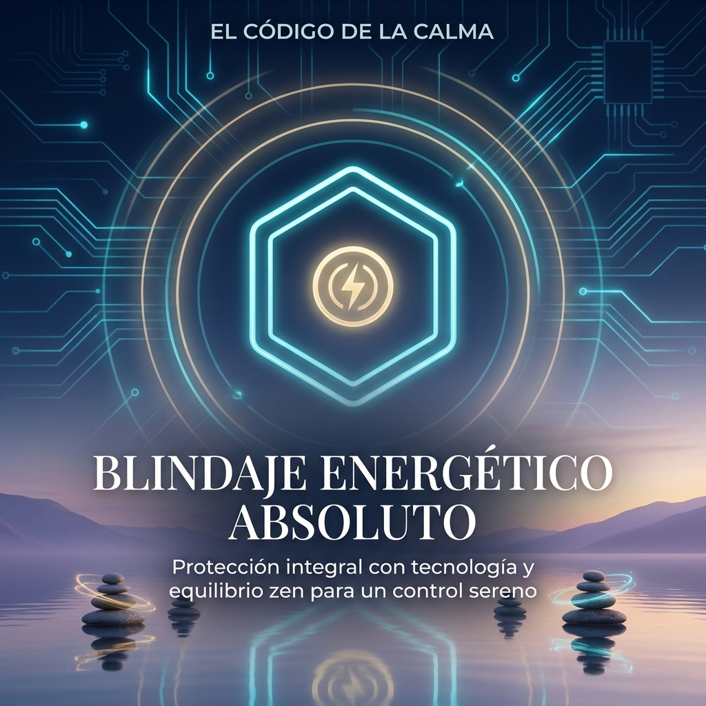 Visual Style Specification for "El Código de la Calma": Theme: High-tech Zen and Professional Serenity. Color Palette: Deep Midnight Blue (#0B162C), Cyan-Teal Glow (#1E8E92), Champagne Gold (#E5C07B), and Muted Lavender (#9B8CB9). Lighting: Cinematic lighting with soft glowing digital circuits merging into a peaceful sunset landscape. 

Escena visual: Un ícono lineal fino y minimalista de un hexágono protector brillante en color cian con un centro dorado champaña, flotando sobre un fondo azul noche estrellado. Simboliza protección y blindaje energético absoluto.