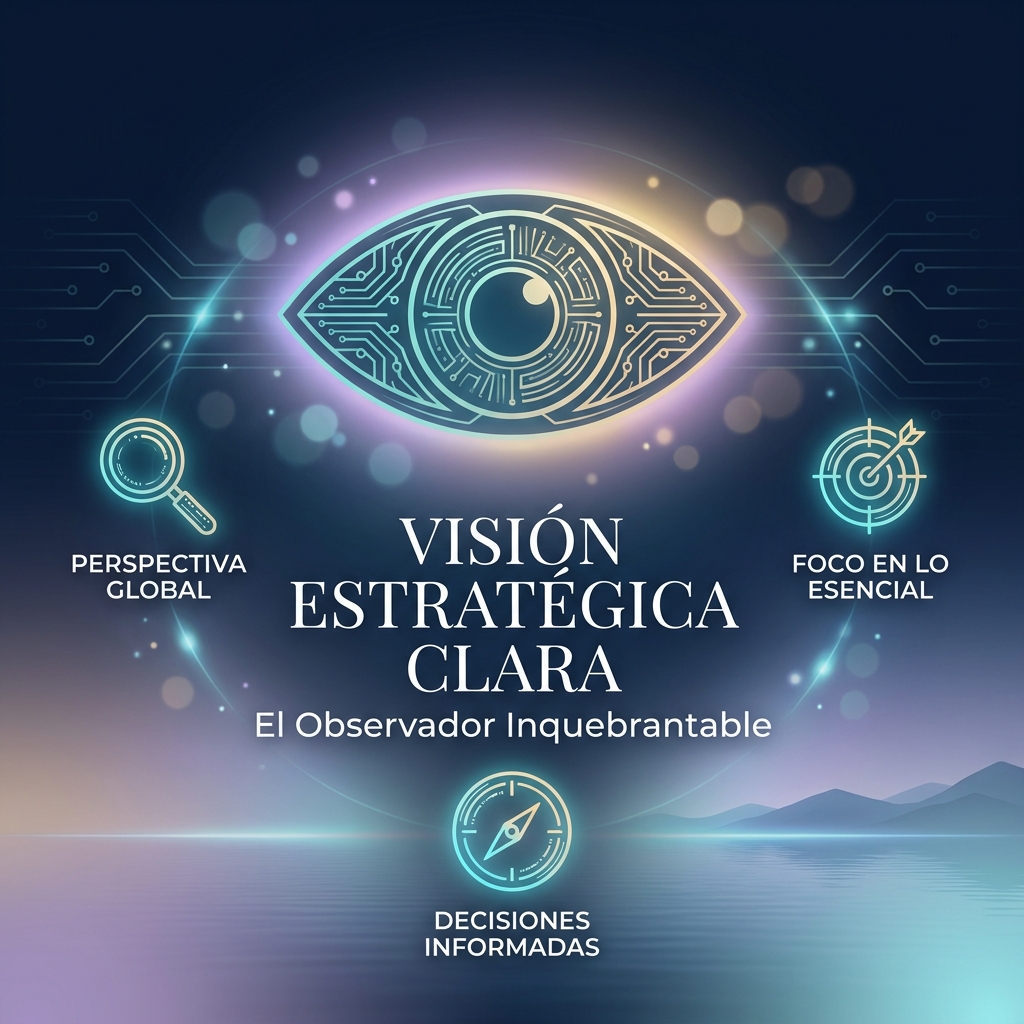 Visual Style Specification for "El Código de la Calma": Theme: High-tech Zen and Professional Serenity. Color Palette: Deep Midnight Blue (#0B162C), Cyan-Teal Glow (#1E8E92), Champagne Gold (#E5C07B), and Muted Lavender (#9B8CB9). Lighting: Cinematic lighting with soft glowing digital circuits merging into a peaceful sunset landscape. 

Escena visual: Un ícono minimalista de un ojo estilizado formado por líneas de circuitos digitales suaves, emitiendo un resplandor color lavanda y dorado. Simboliza la postura inquebrantable del observador y la visión estratégica clara.