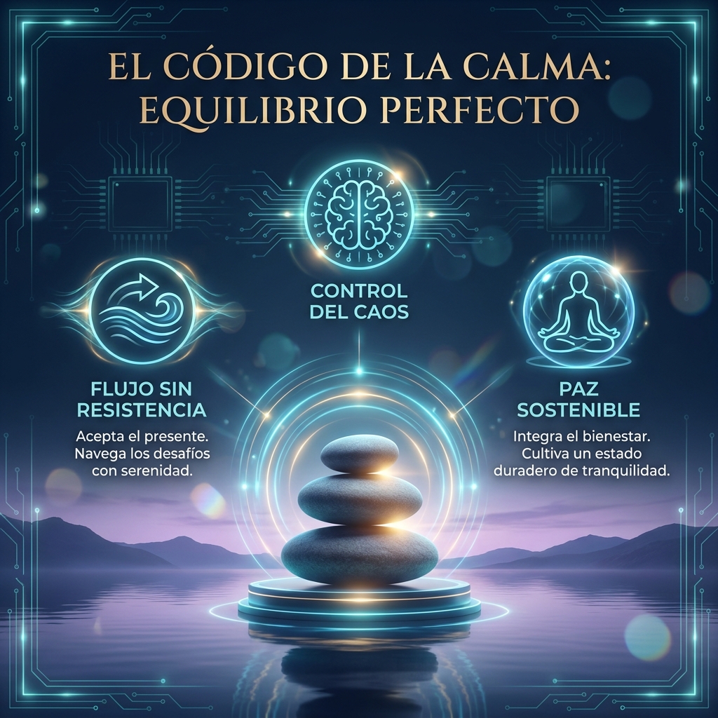 Visual Style Specification for "El Código de la Calma": Theme: High-tech Zen and Professional Serenity. Color Palette: Deep Midnight Blue (#0B162C), Cyan-Teal Glow (#1E8E92), Champagne Gold (#E5C07B), and Muted Lavender (#9B8CB9). Lighting: Cinematic lighting with soft glowing digital circuits merging into a peaceful sunset landscape. 

Escena visual: Piedras Zen (cairns) apiladas en perfecto equilibrio sobre agua espejada en calma, rodeadas por anillos de energía concéntricos en tonos cian y oro. Simboliza el flujo natural, el equilibrio perfecto y el logro sin resistencia.