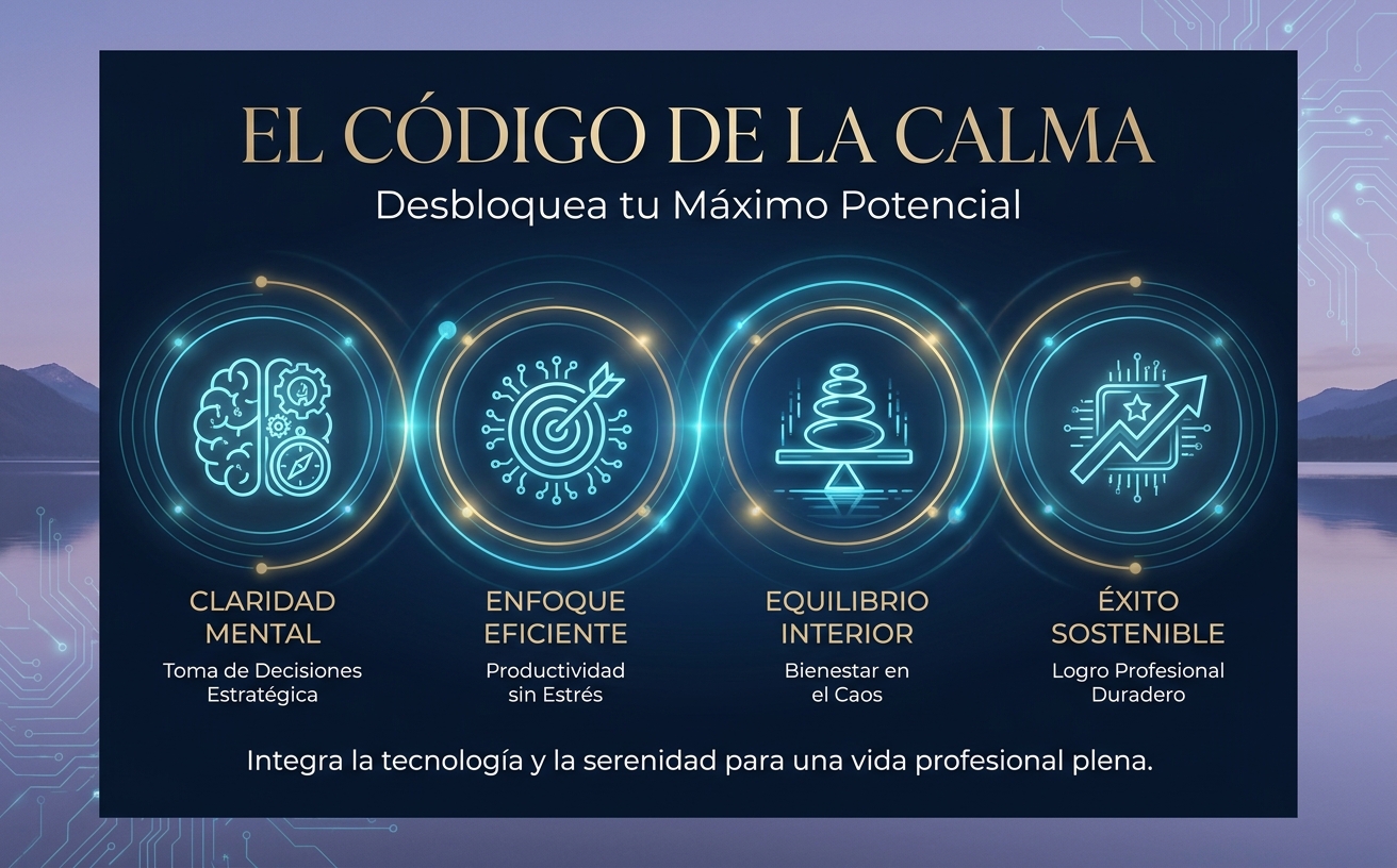 Visual Style Specification for "El Código de la Calma": Theme: High-tech Zen and Professional Serenity. Color Palette: Deep Midnight Blue (#0B162C), Cyan-Teal Glow (#1E8E92), Champagne Gold (#E5C07B), and Muted Lavender (#9B8CB9). Lighting: Cinematic lighting with soft glowing digital circuits merging into a peaceful sunset landscape. Elements: Zen stone stacks, ethereal energy circles, subtle microchip patterns, calm reflective water. Typography Context: Elegant Serif headers with high kerning, clean Sans-serif subtexts. Mood: Sophisticated, calm, powerful, and balanced. Exclusions: No aggressive reds, no clutter, no chaotic textures, no casual fonts. High-definition, premium aesthetic, 8k resolution.

Escena visual: Una majestuosa puerta de luz dorada (oro champaña) entreabierta en medio de un paisaje abstracto de microchips sutiles y líneas geométricas en azul noche profundo, invitando al espectador a cruzar hacia un nivel superior de consciencia y éxito profesional. Texto central grande e imponente en tipografía serif elegante: "Desbloquea tu Máximo Potencial".